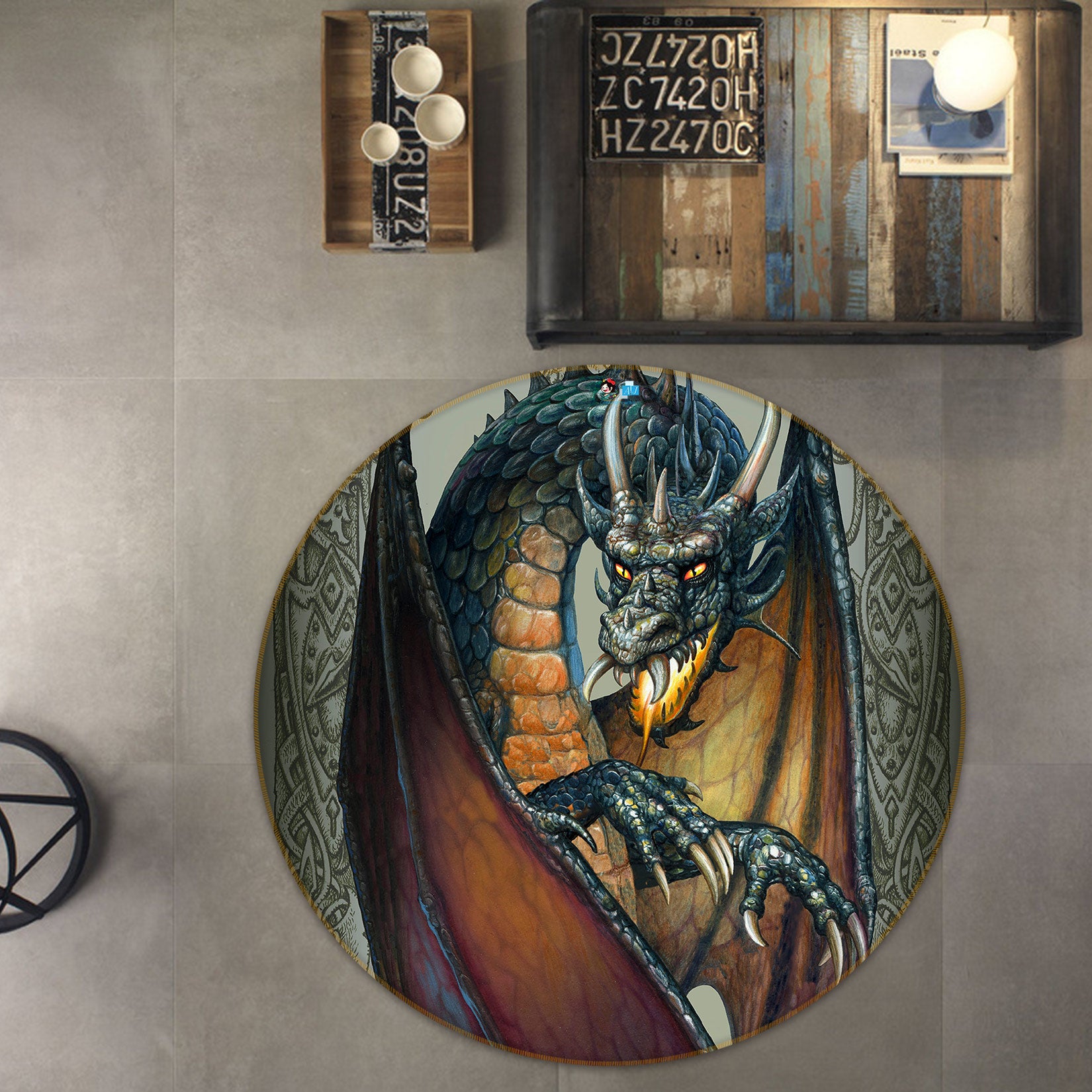 3D Dragon 6061 Ciruelo Rug Round Non Slip Rug Mat