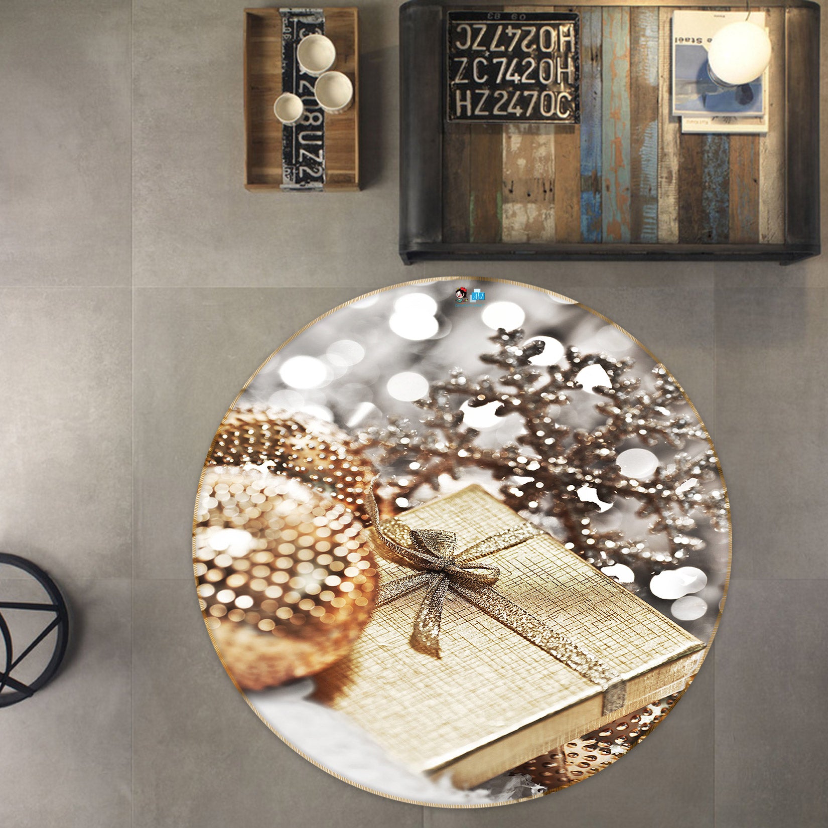 3D Golden Ball Gift Box 55163 Christmas Round Non Slip Rug Mat Xmas