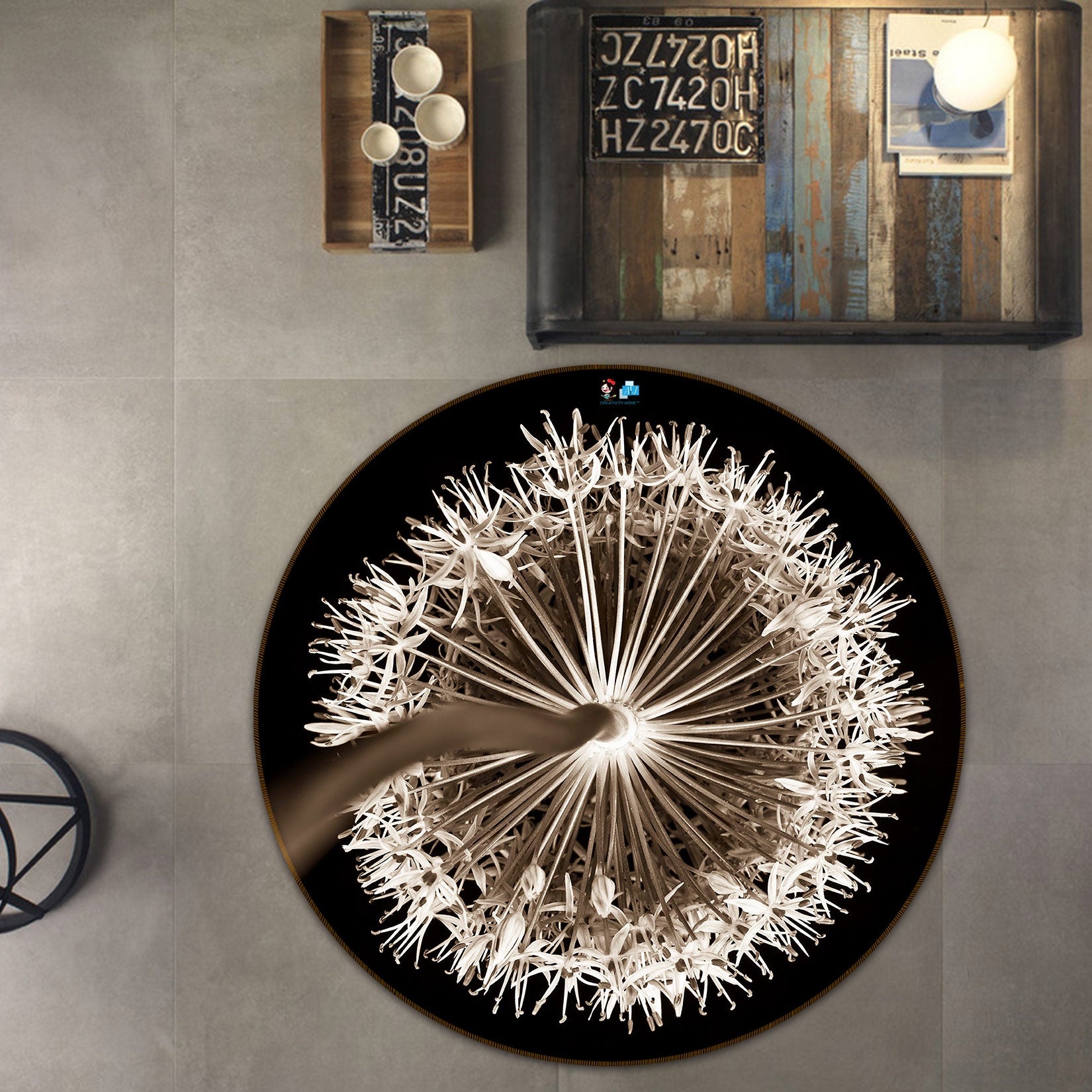 3D Gray Dandelion 7501 Assaf Frank Rug Round Non Slip Rug Mat