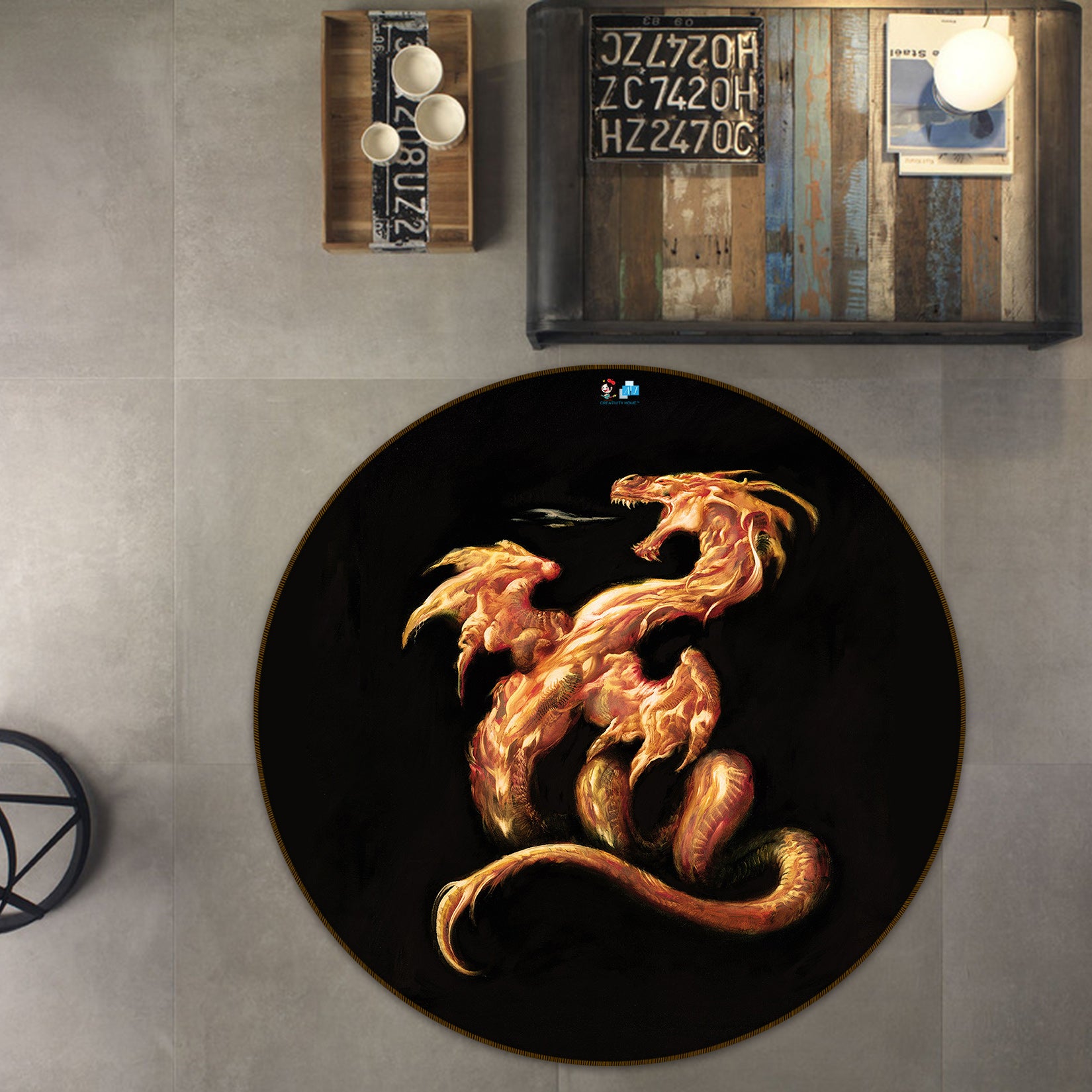 3D Dragon Gold 6136 Ciruelo Rug Round Non Slip Rug Mat