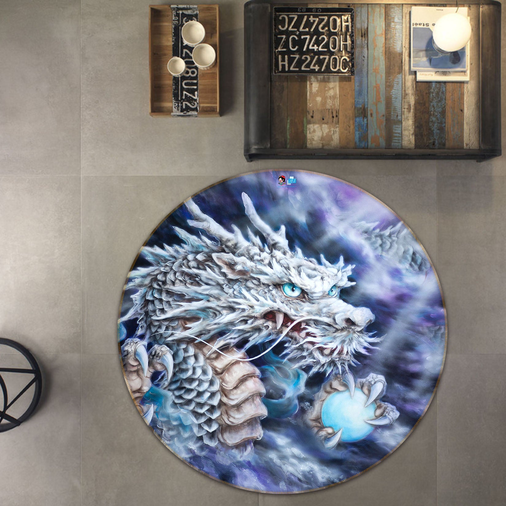 3D White Dragon 6066 Kayomi Harai Rug Round Non Slip Rug Mat