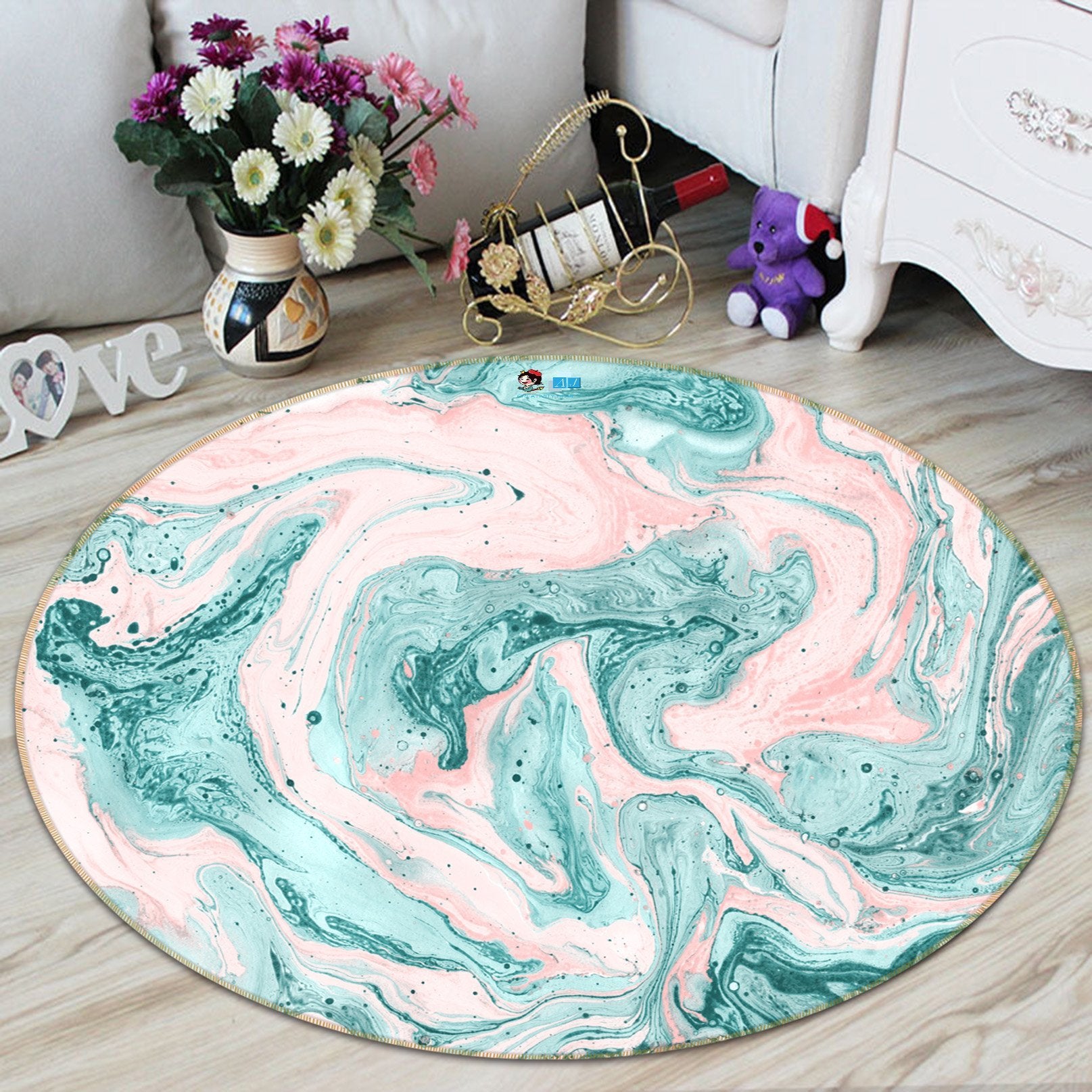 3D White Blue Mixed Vortex 130 Round Non Slip Rug Mat Mat AJ Creativity Home