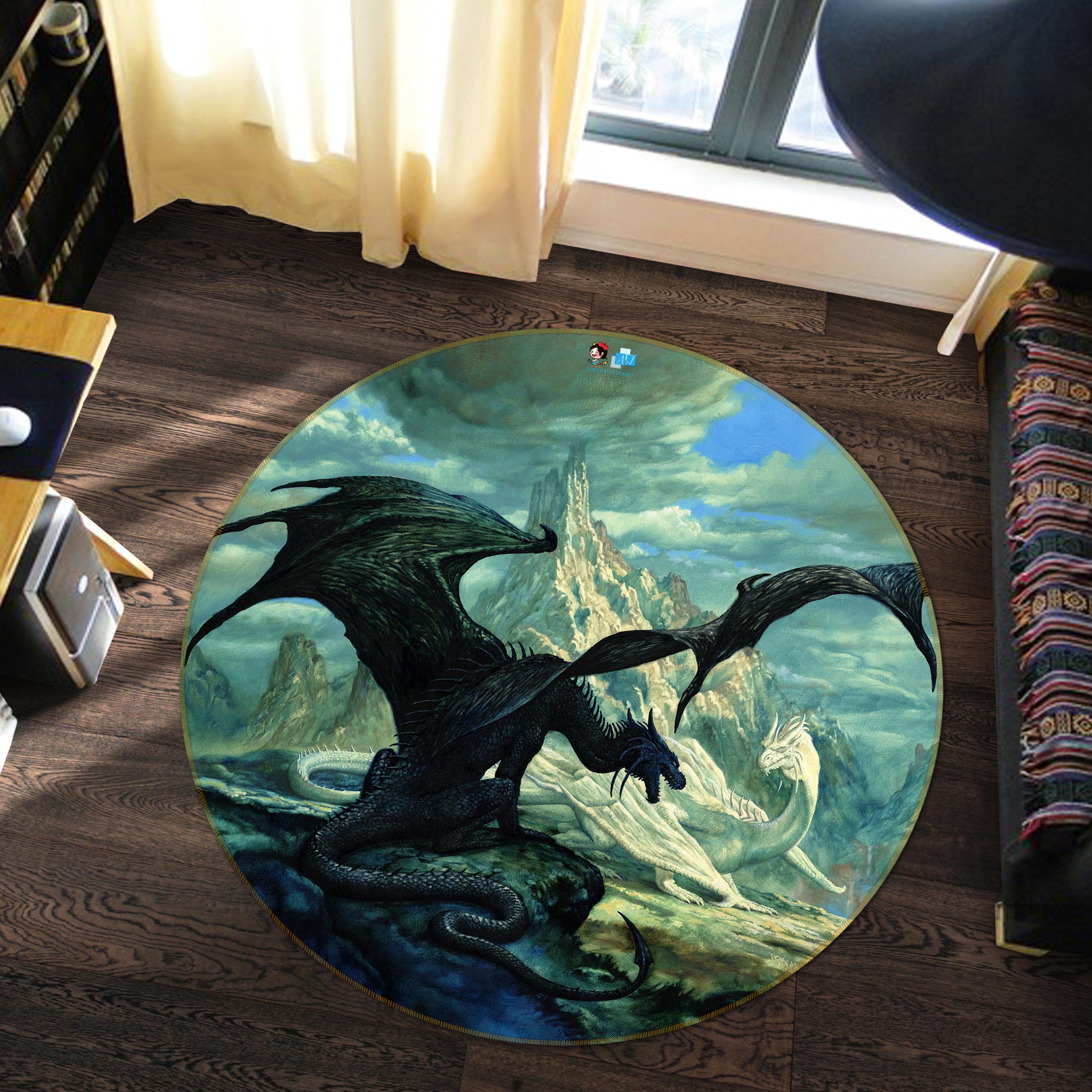 3D Black Dragon Snow Mountain 6121 Ciruelo Rug Round Non Slip Rug Mat