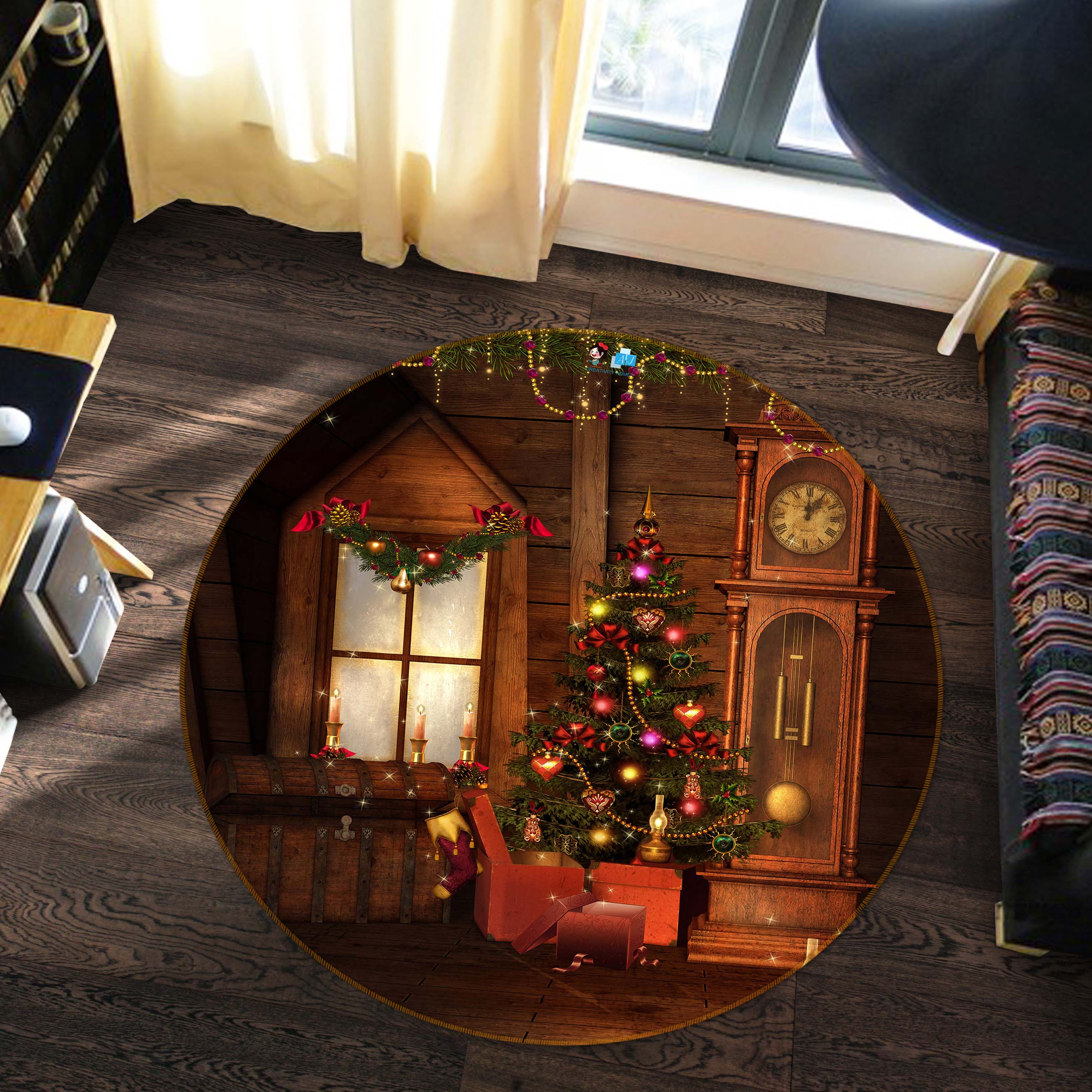3D Tree Window Clock 55160 Christmas Round Non Slip Rug Mat Xmas