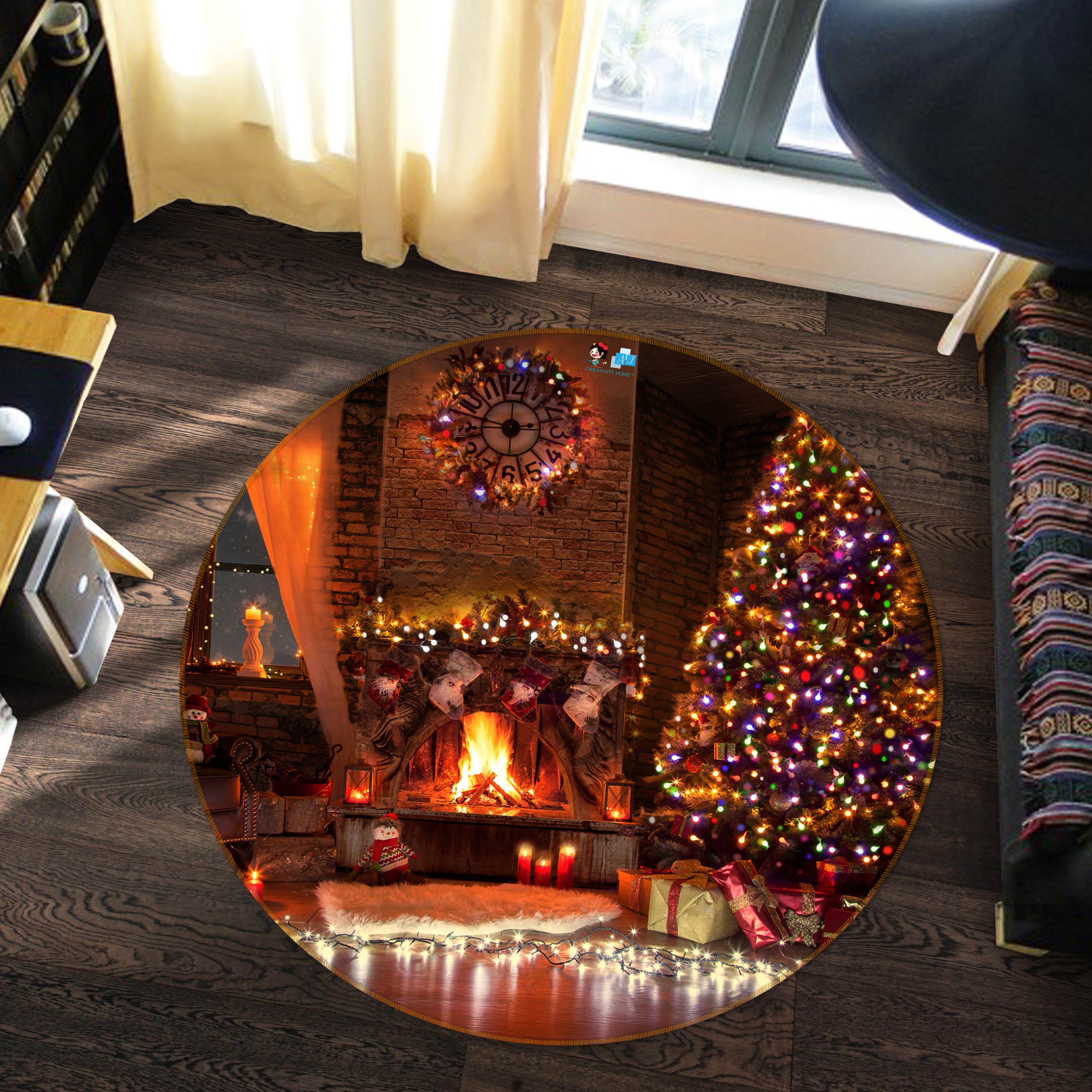 3D Fireplace Tree 55254 Christmas Round Non Slip Rug Mat Xmas