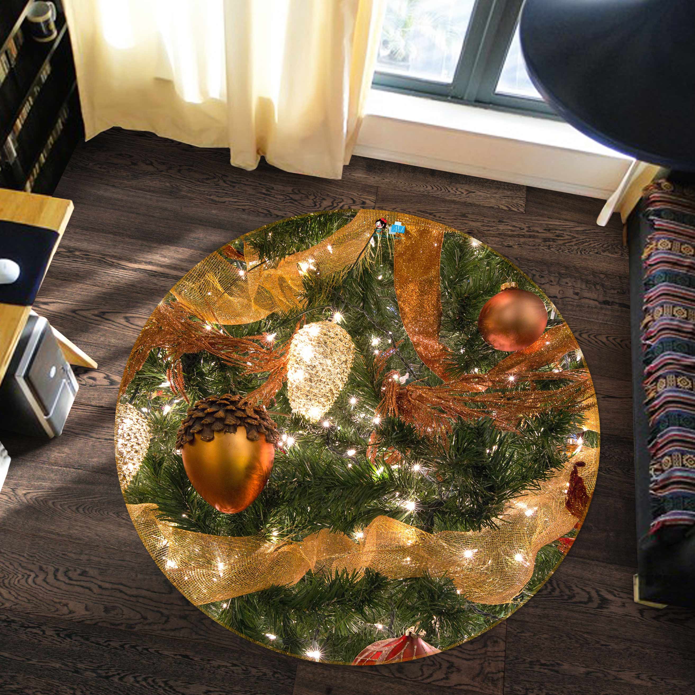 3D Pine Cones 55202 Christmas Round Non Slip Rug Mat Xmas