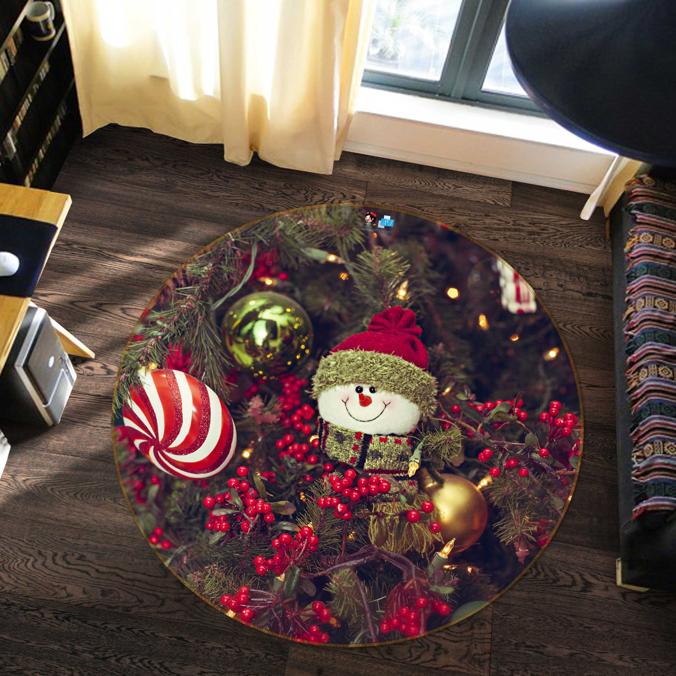 3D Tree Snowman Doll 55181 Christmas Round Non Slip Rug Mat Xmas