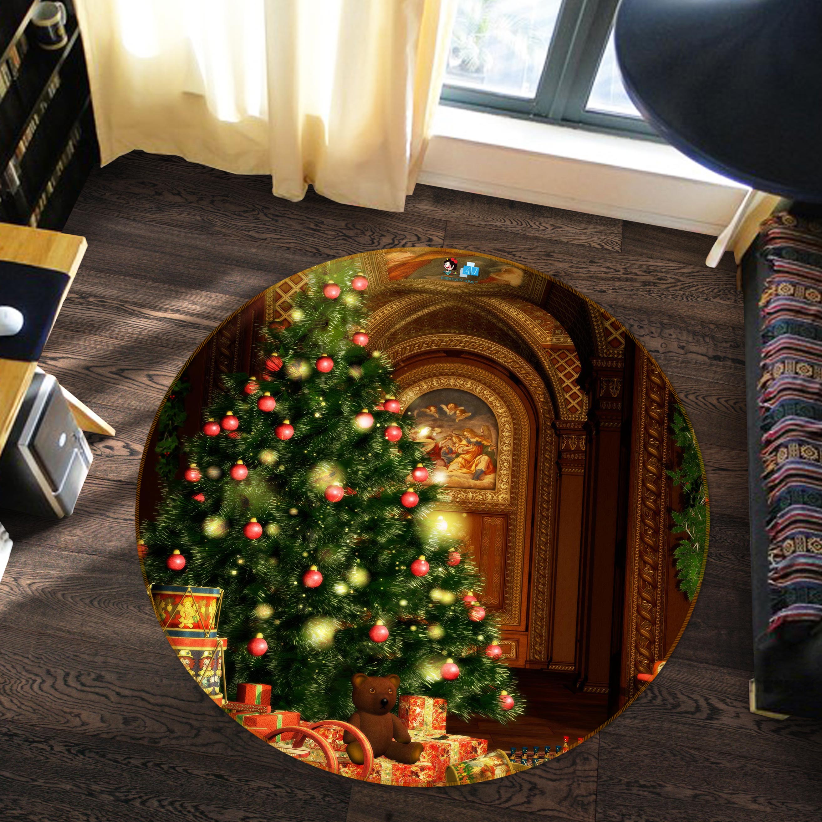 3D Warm Light Tree 763 Christmas Round Non Slip Rug Mat Xmas