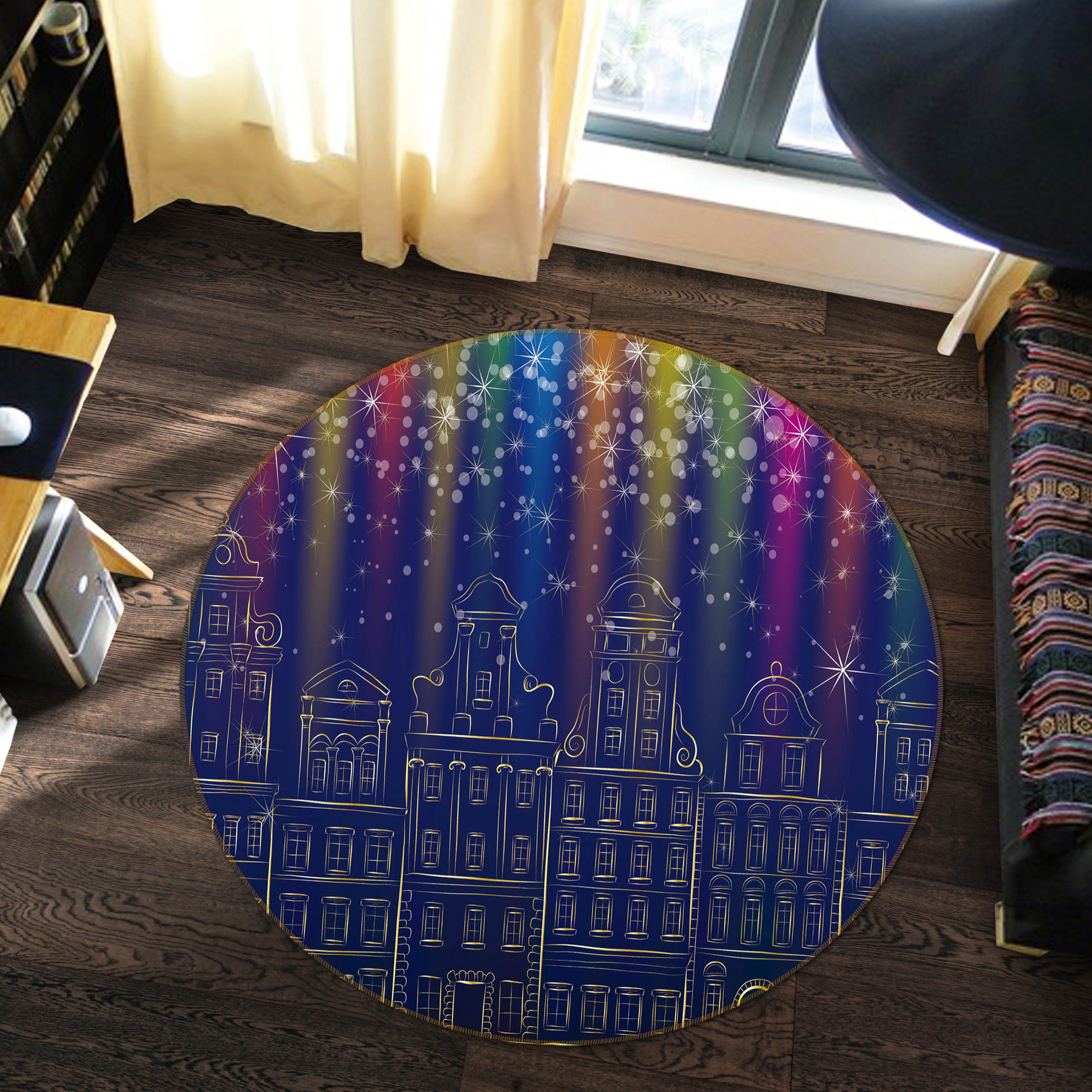 3D Colorful Light Houses 56005 Christmas Round Non Slip Rug Mat Xmas