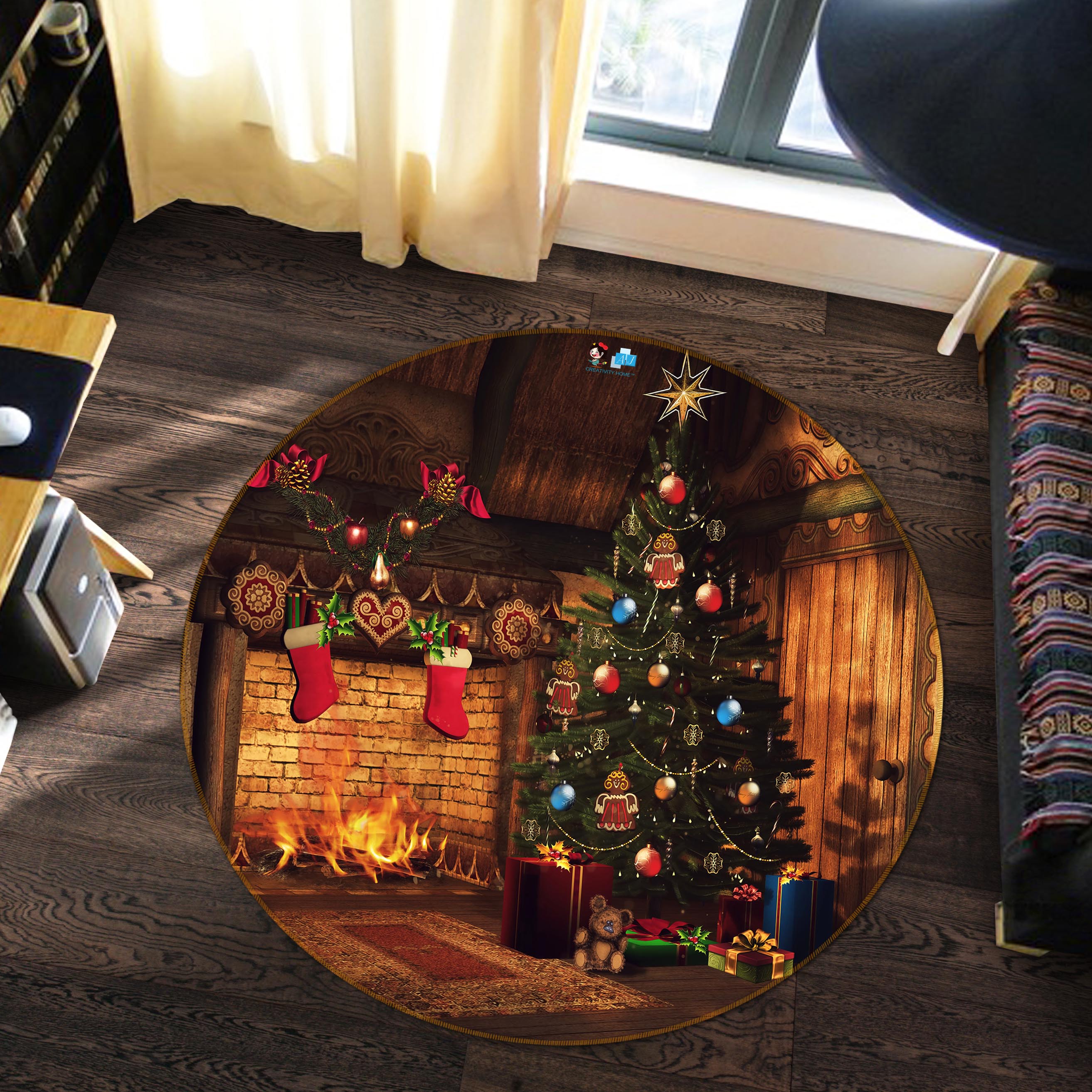 3D Fireplace Tree 56029 Christmas Round Non Slip Rug Mat Xmas