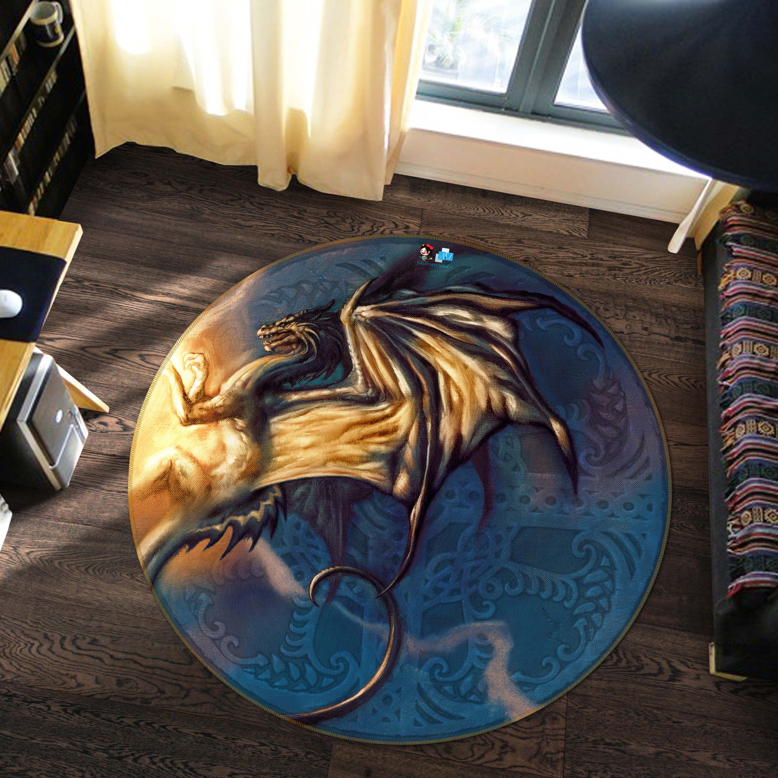 3D Texture Dragon 6140 Ciruelo Rug Round Non Slip Rug Mat