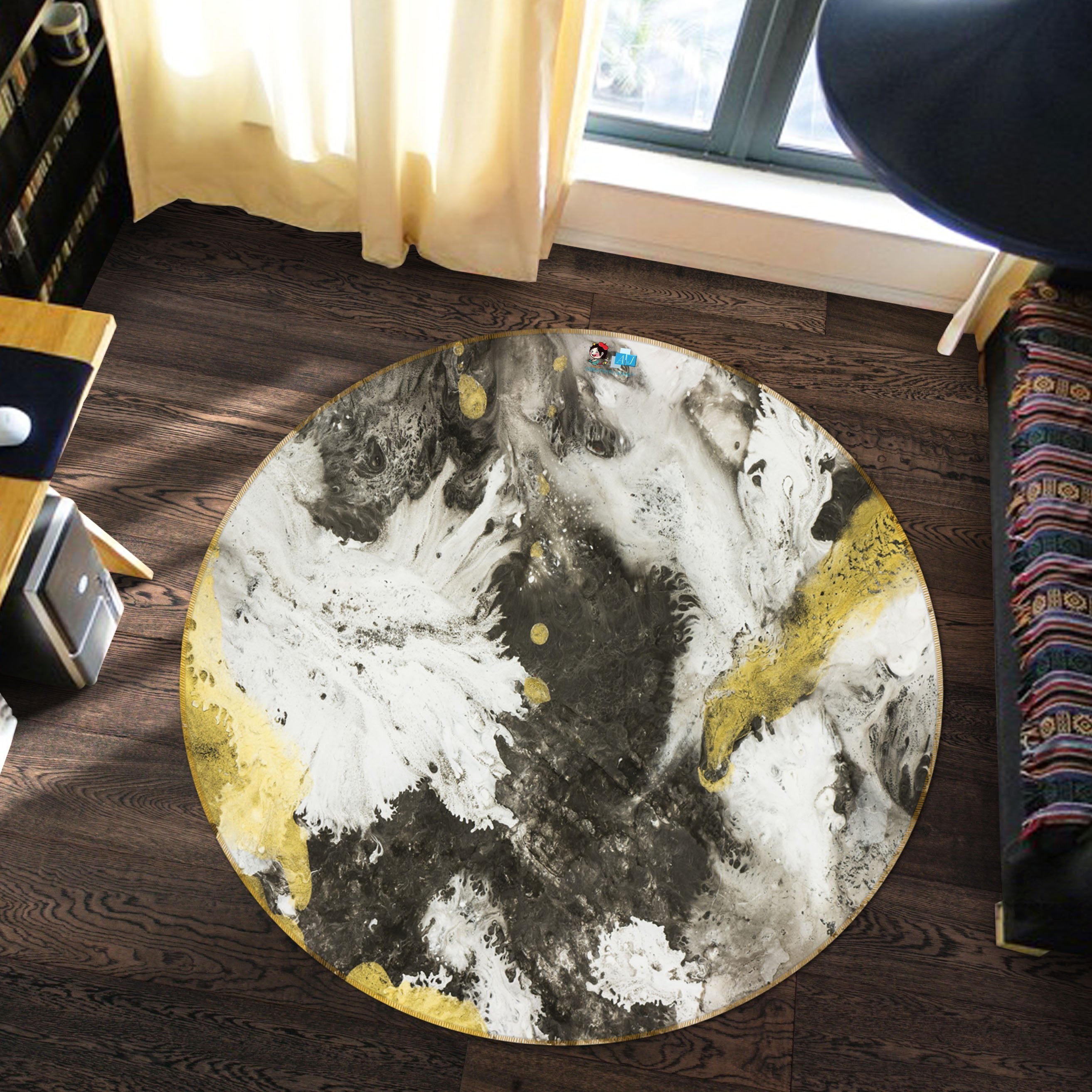 3D White Black Gold Flow 111 Round Non Slip Rug Mat Mat AJ Creativity Home