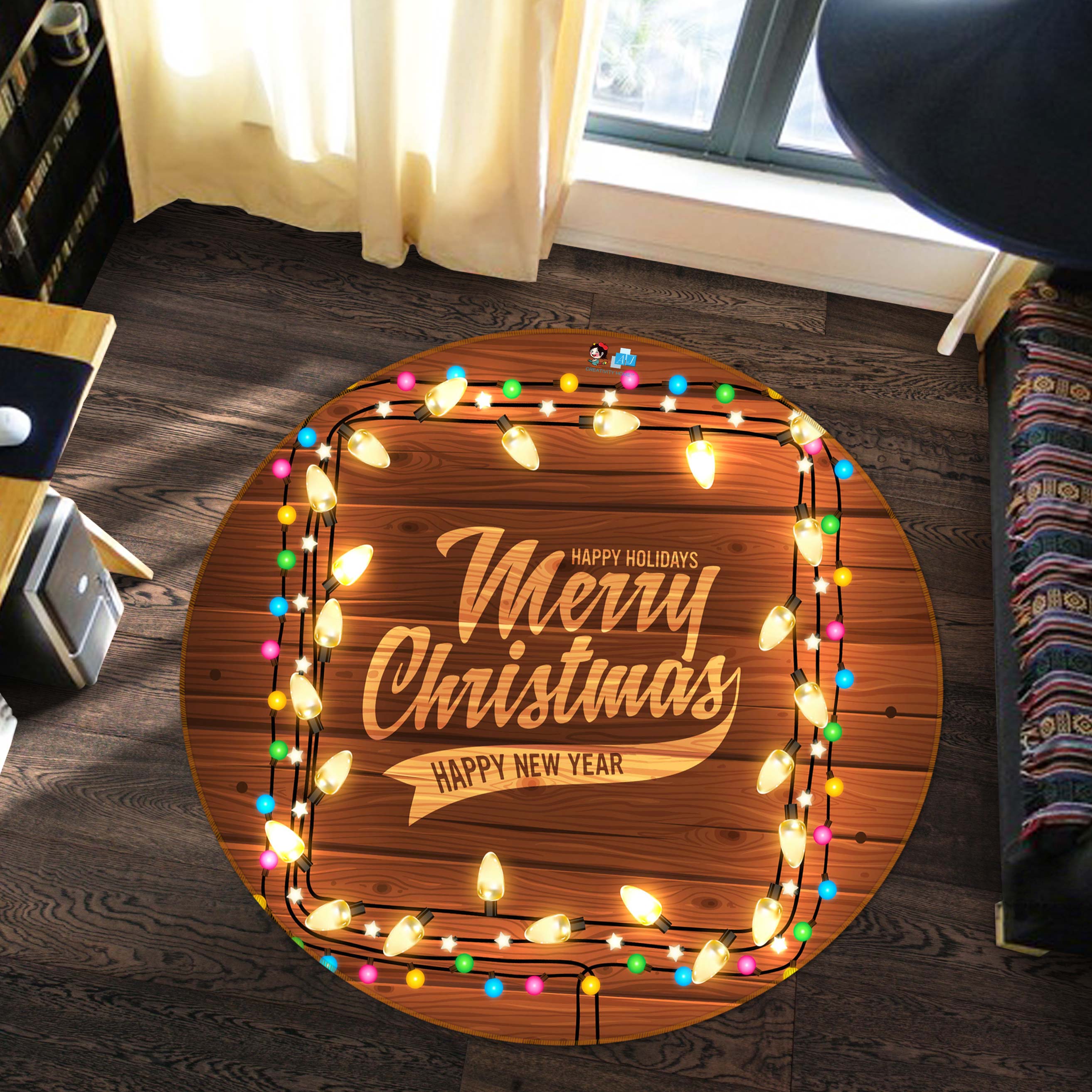 3D String Lights 55182 Christmas Round Non Slip Rug Mat Xmas