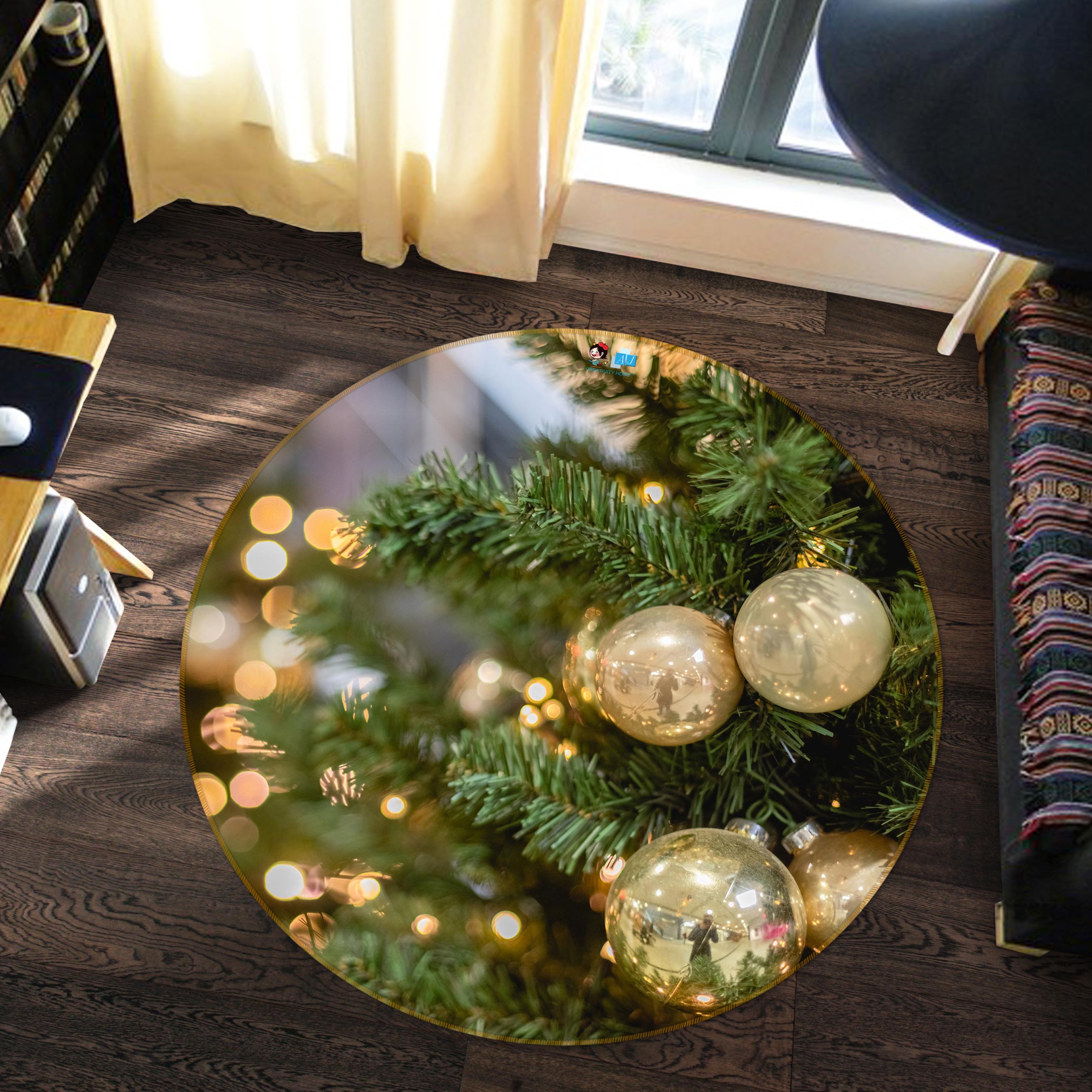 3D Branches White Ball 55255 Christmas Round Non Slip Rug Mat Xmas