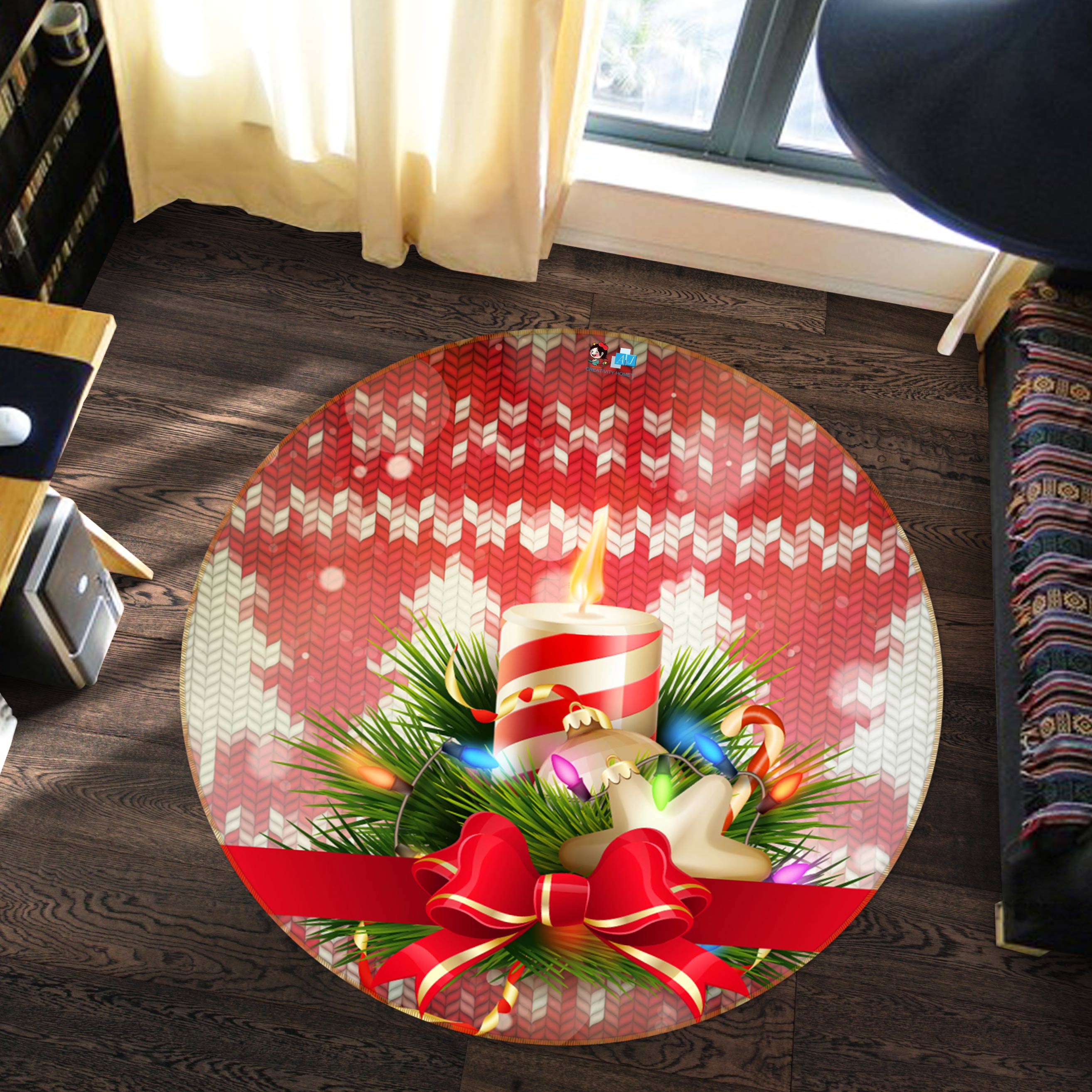 3D Candle Bowknot 55177 Christmas Round Non Slip Rug Mat Xmas