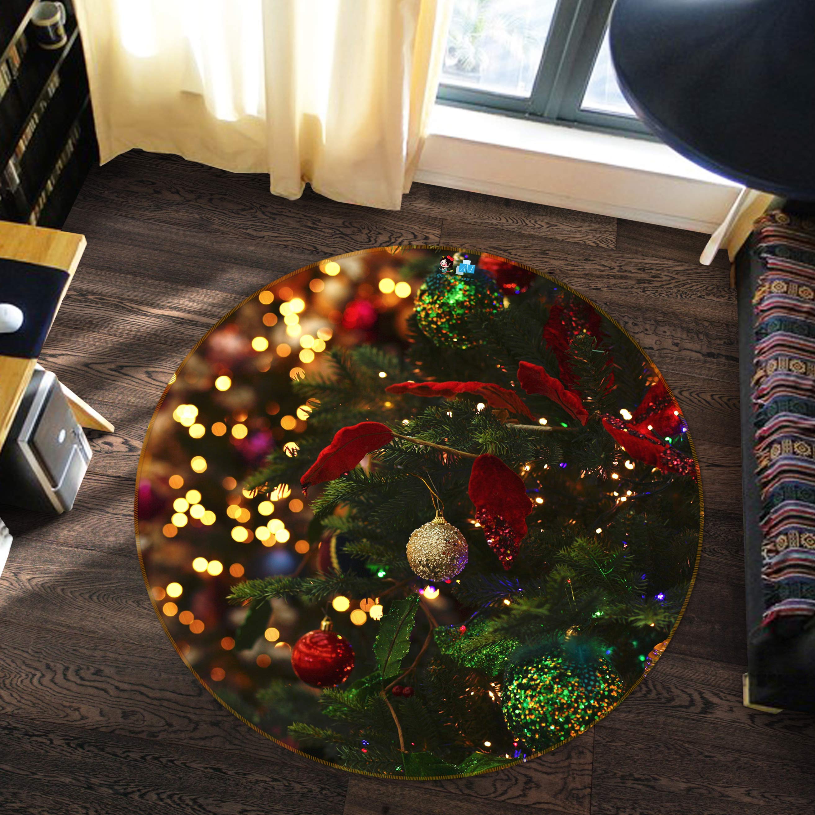 3D Tree Pendant 55238 Christmas Round Non Slip Rug Mat Xmas