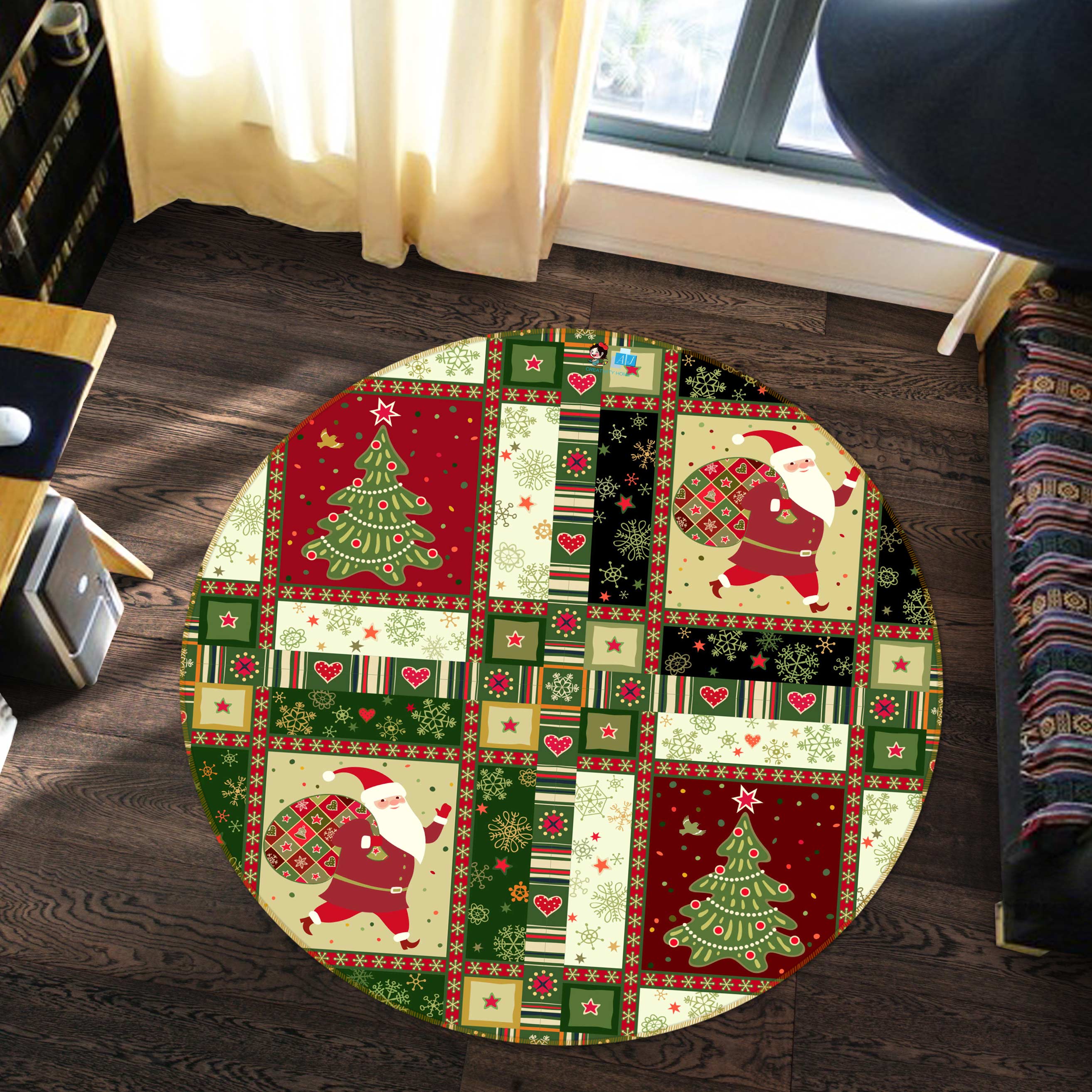 3D Santa Tree Lattice 55205 Christmas Round Non Slip Rug Mat Xmas