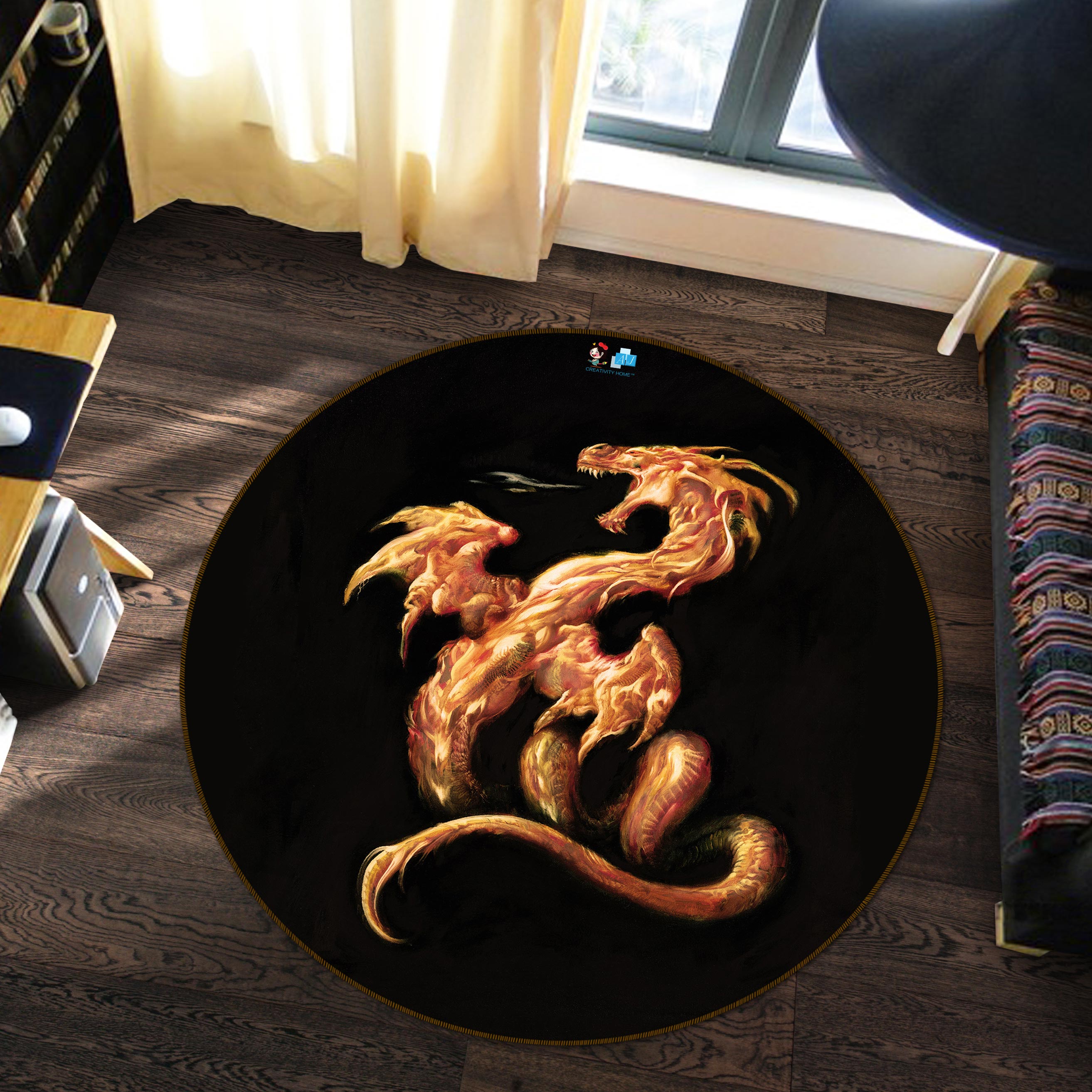 3D Dragon Gold 6136 Ciruelo Rug Round Non Slip Rug Mat