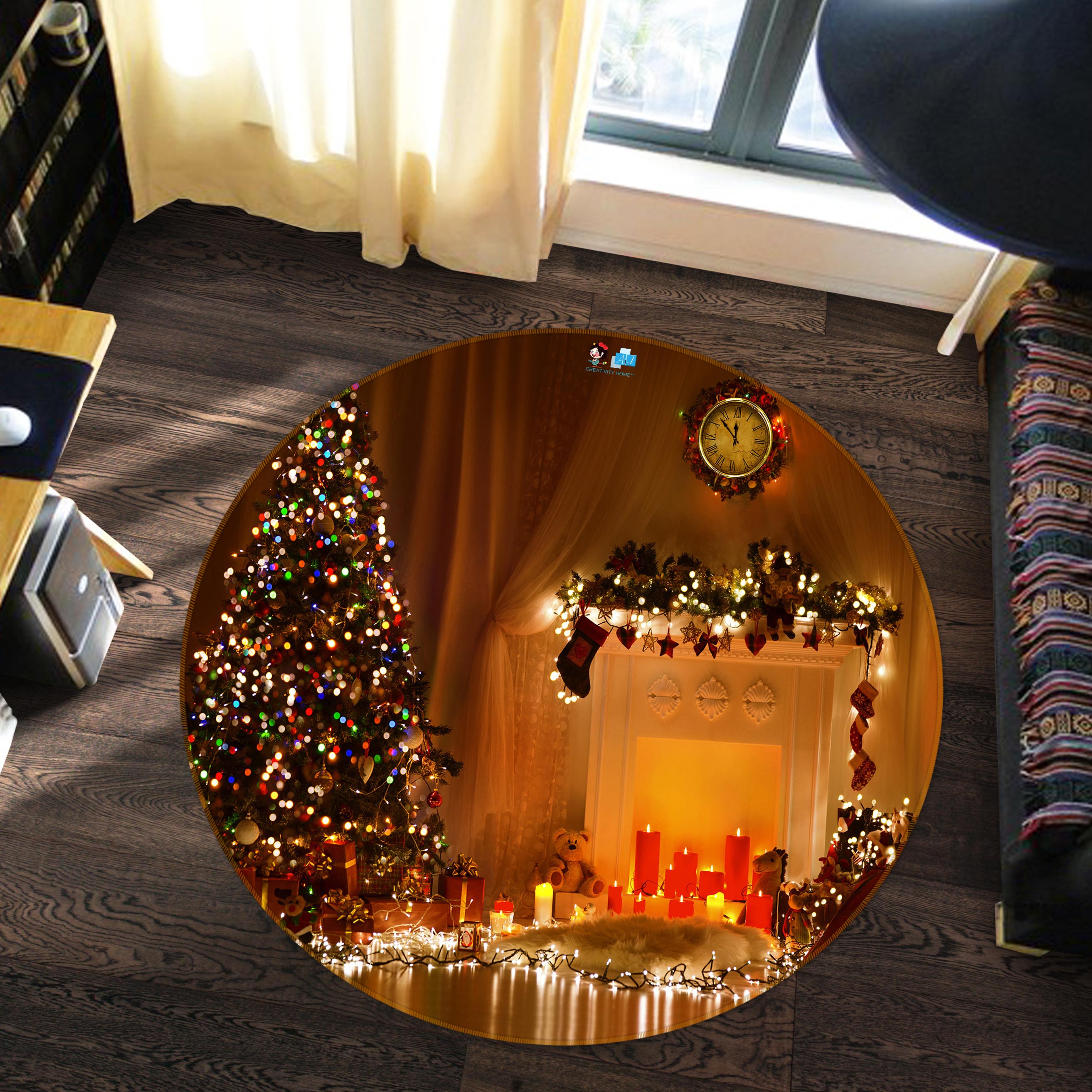 3D Tree String Lights 55175 Christmas Round Non Slip Rug Mat Xmas