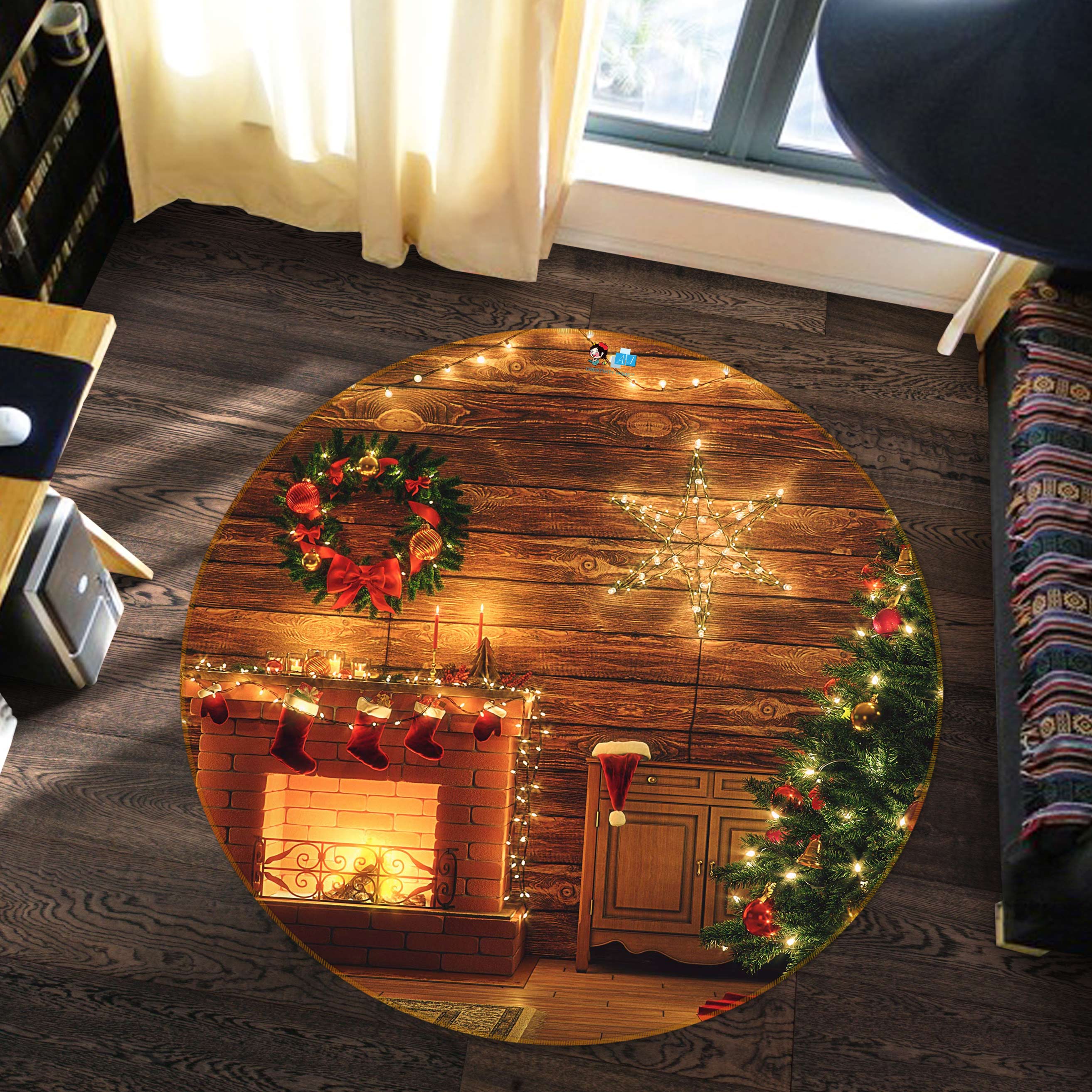 3D Fireplace Tree 55251 Christmas Round Non Slip Rug Mat Xmas