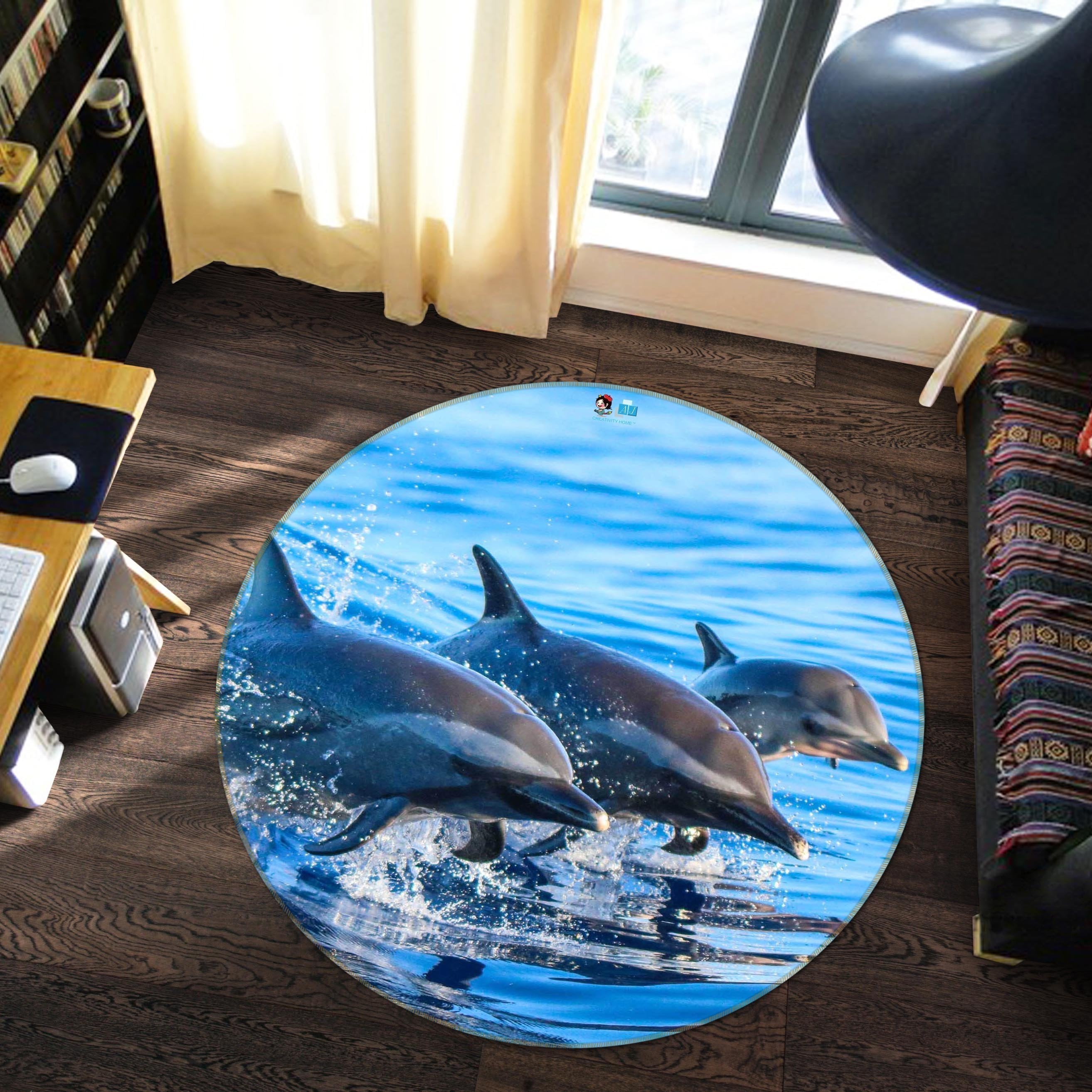 3D Sea Jumping Dolphins 65 Round Non Slip Rug Mat Mat AJ Creativity Home