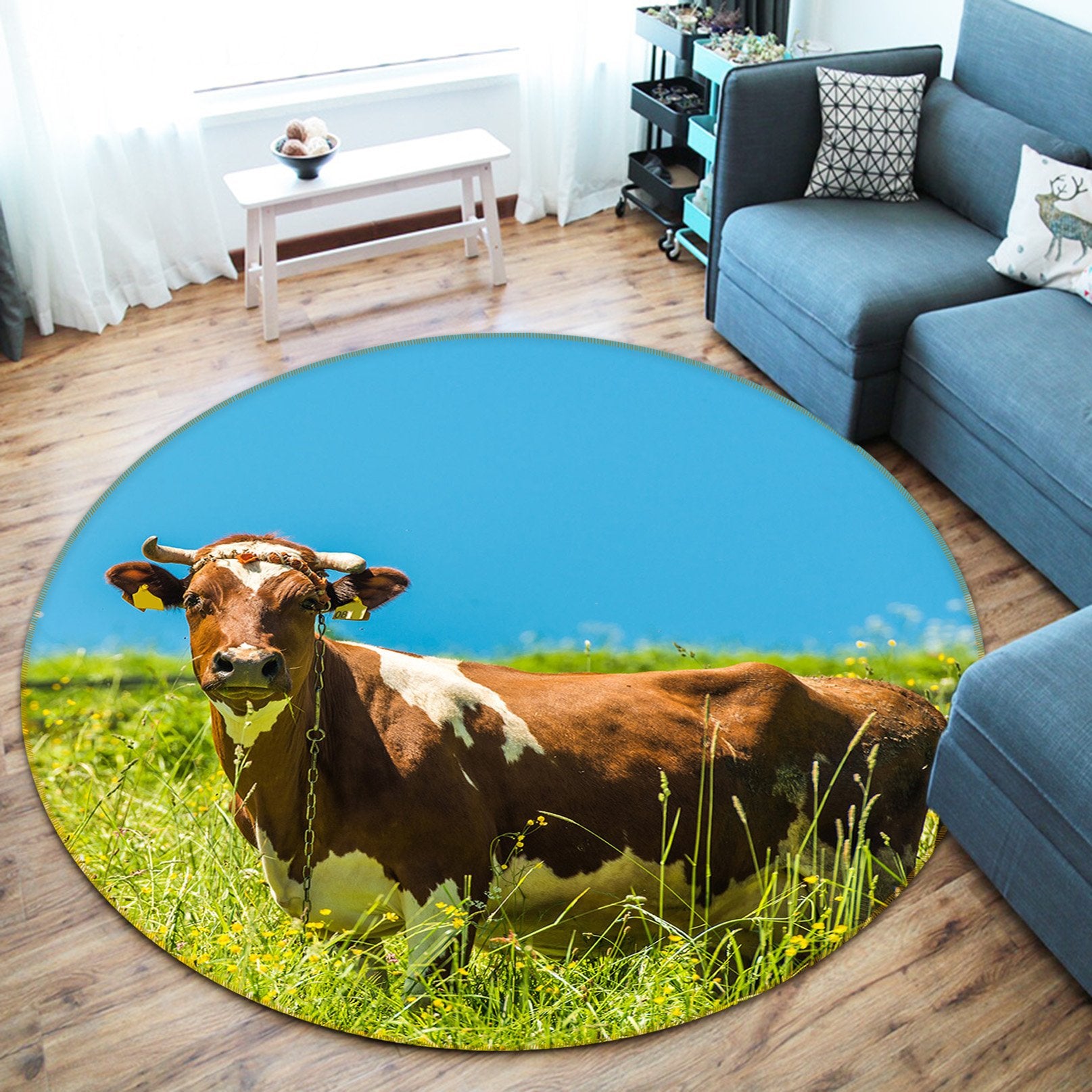 3D Prairie Cow 001 Animal Round Non Slip Rug Mat Mat AJ Creativity Home