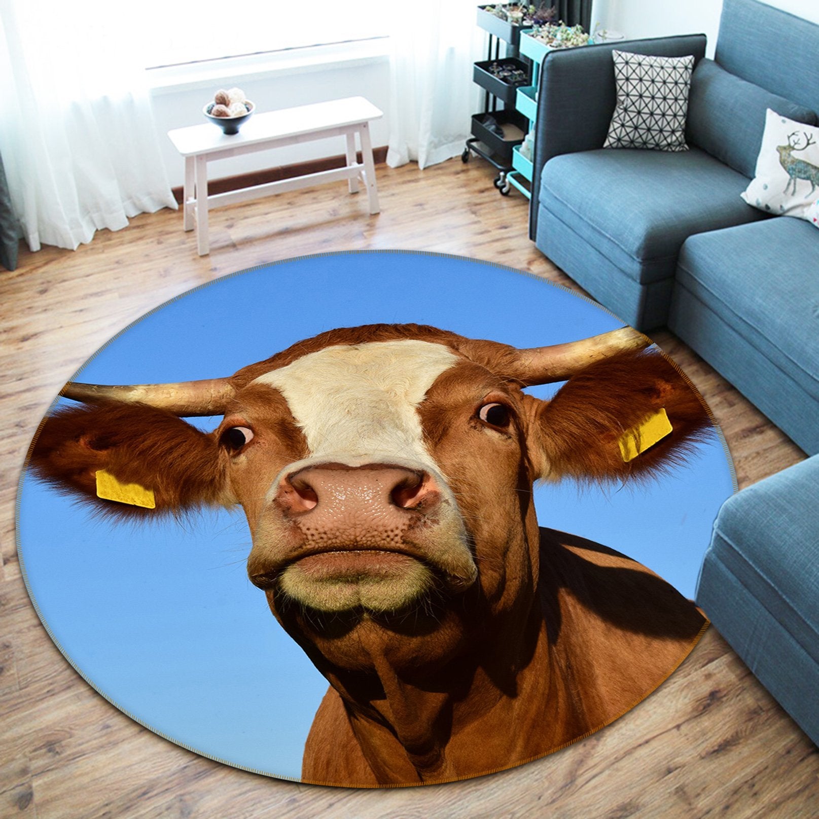 3D Yellow Bull Head 029 Animal Round Non Slip Rug Mat Mat AJ Creativity Home
