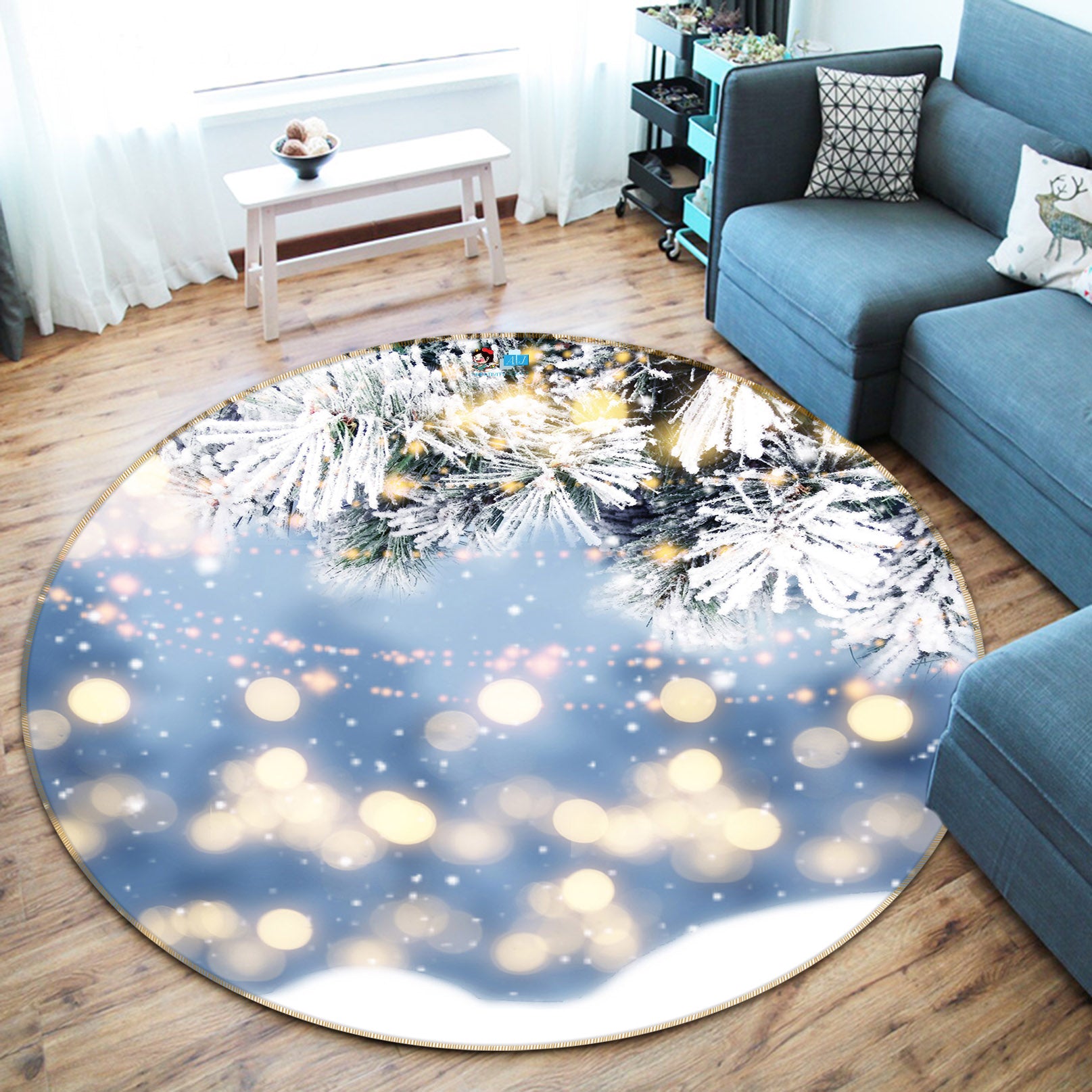 3D Snow Branches Aperture 56090 Christmas Round Non Slip Rug Mat Xmas