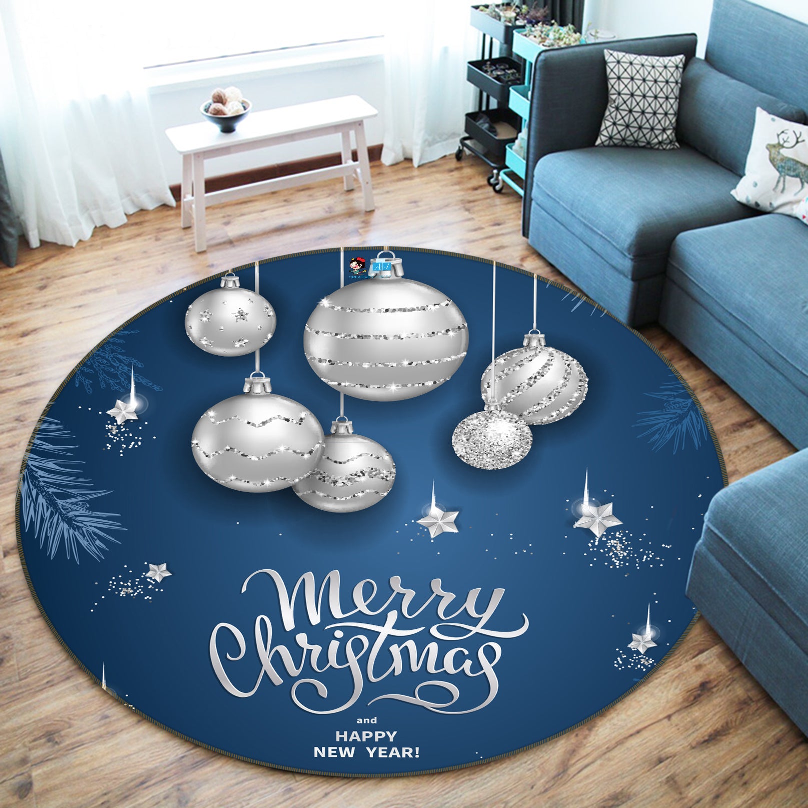 3D White Ball 55230 Christmas Round Non Slip Rug Mat Xmas