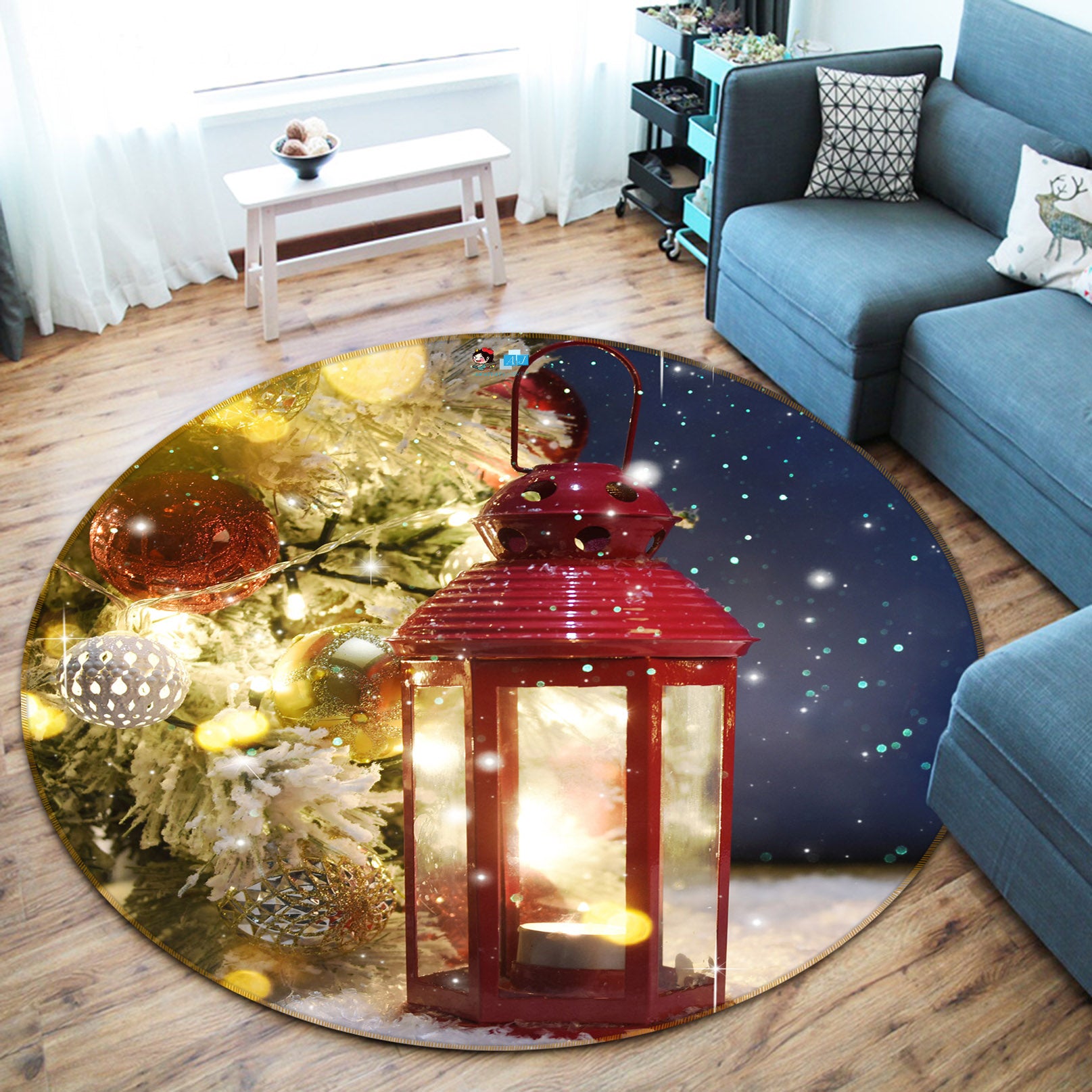 3D Snowflake Light 56053 Christmas Round Non Slip Rug Mat Xmas