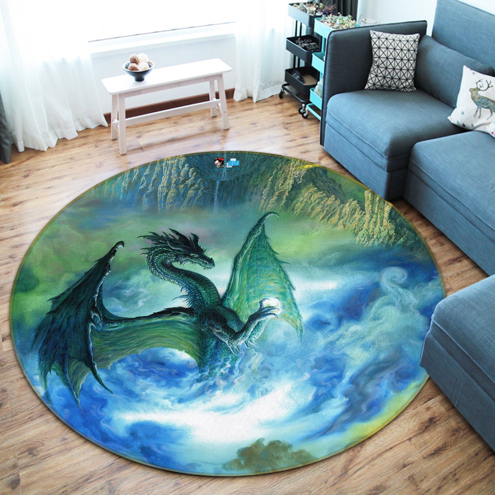 3D Blue Cloud Mist Dragon 6147 Ciruelo Rug Round Non Slip Rug Mat
