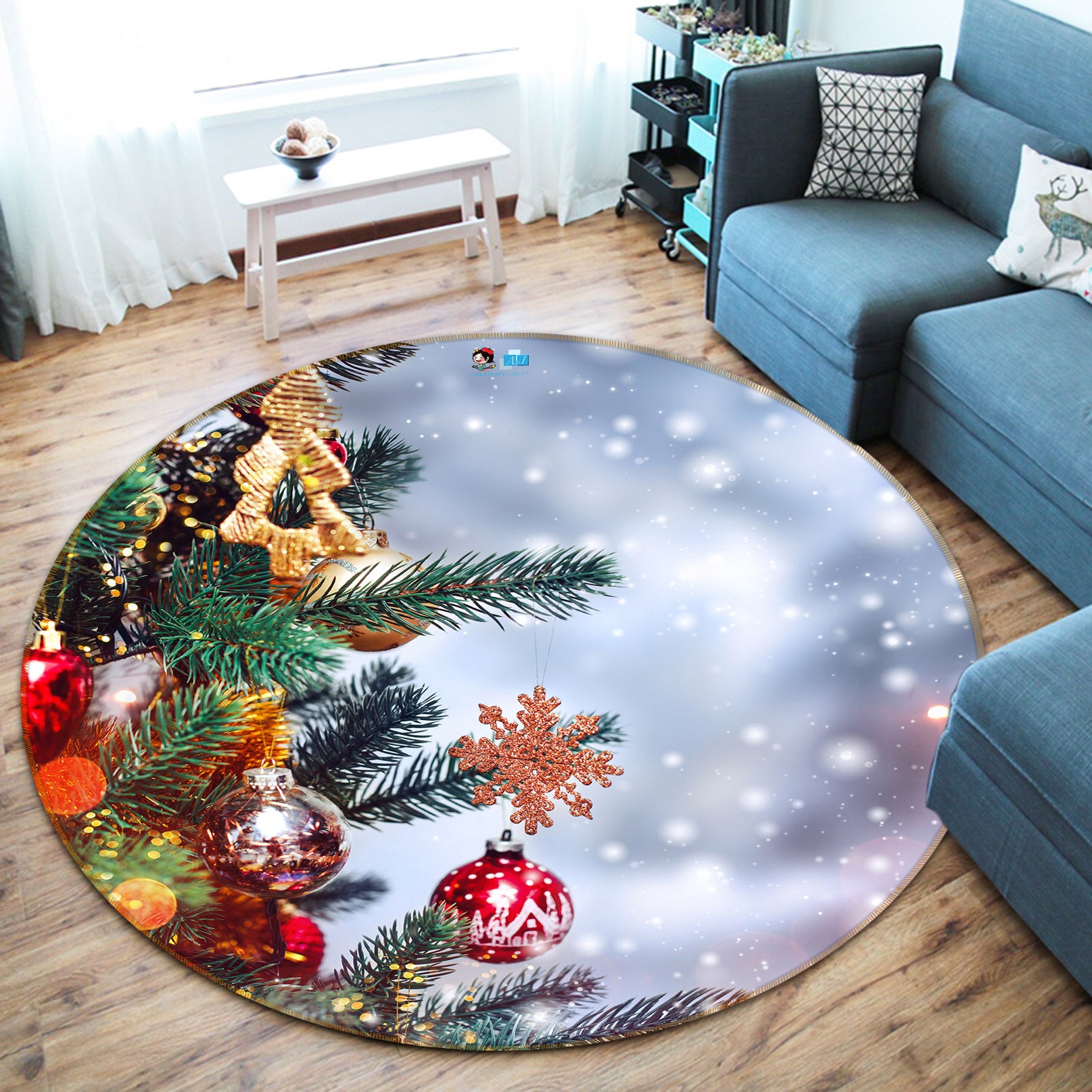3D Branches Pendant 56044 Christmas Round Non Slip Rug Mat Xmas