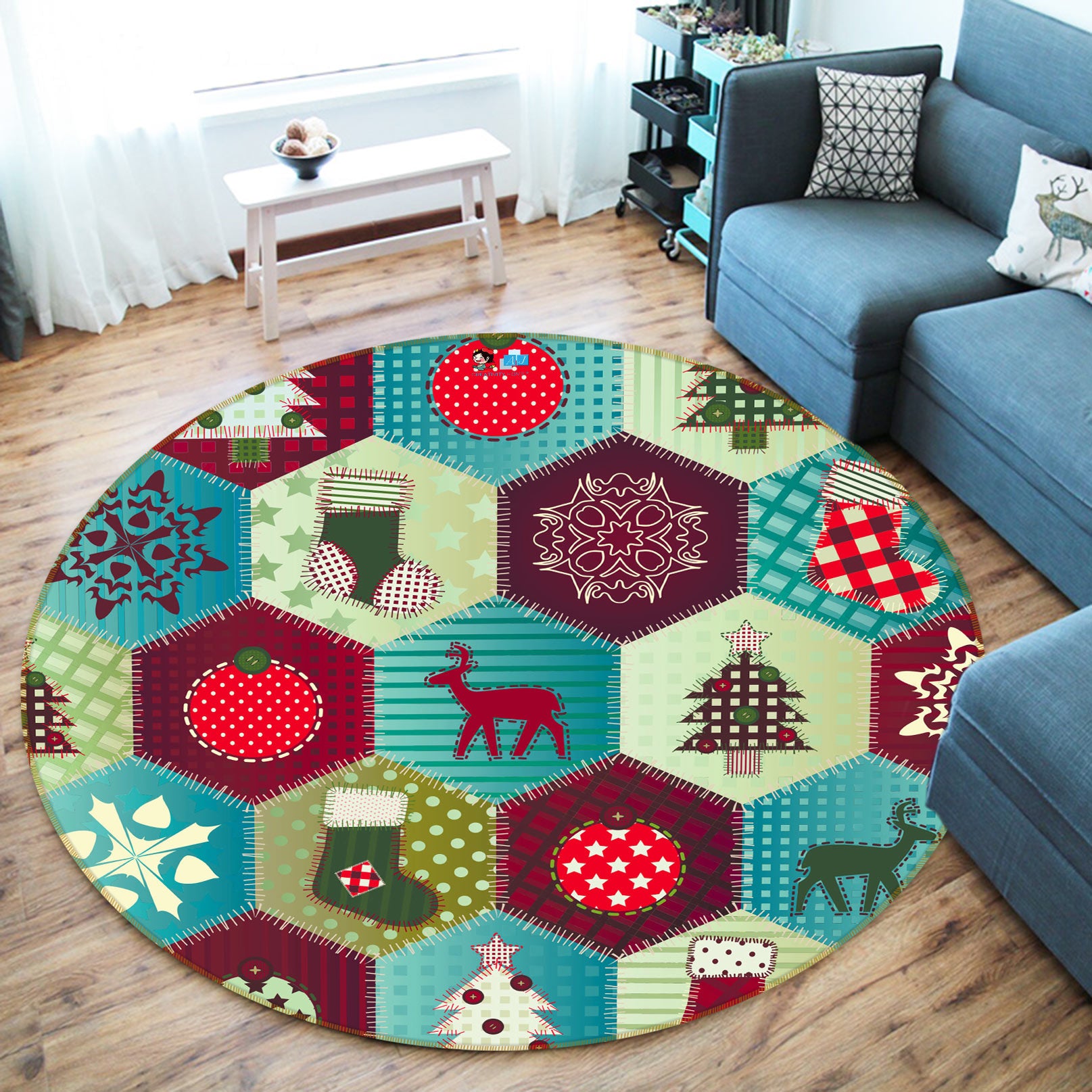 3D Hexagon Pattern 55194 Christmas Round Non Slip Rug Mat Xmas