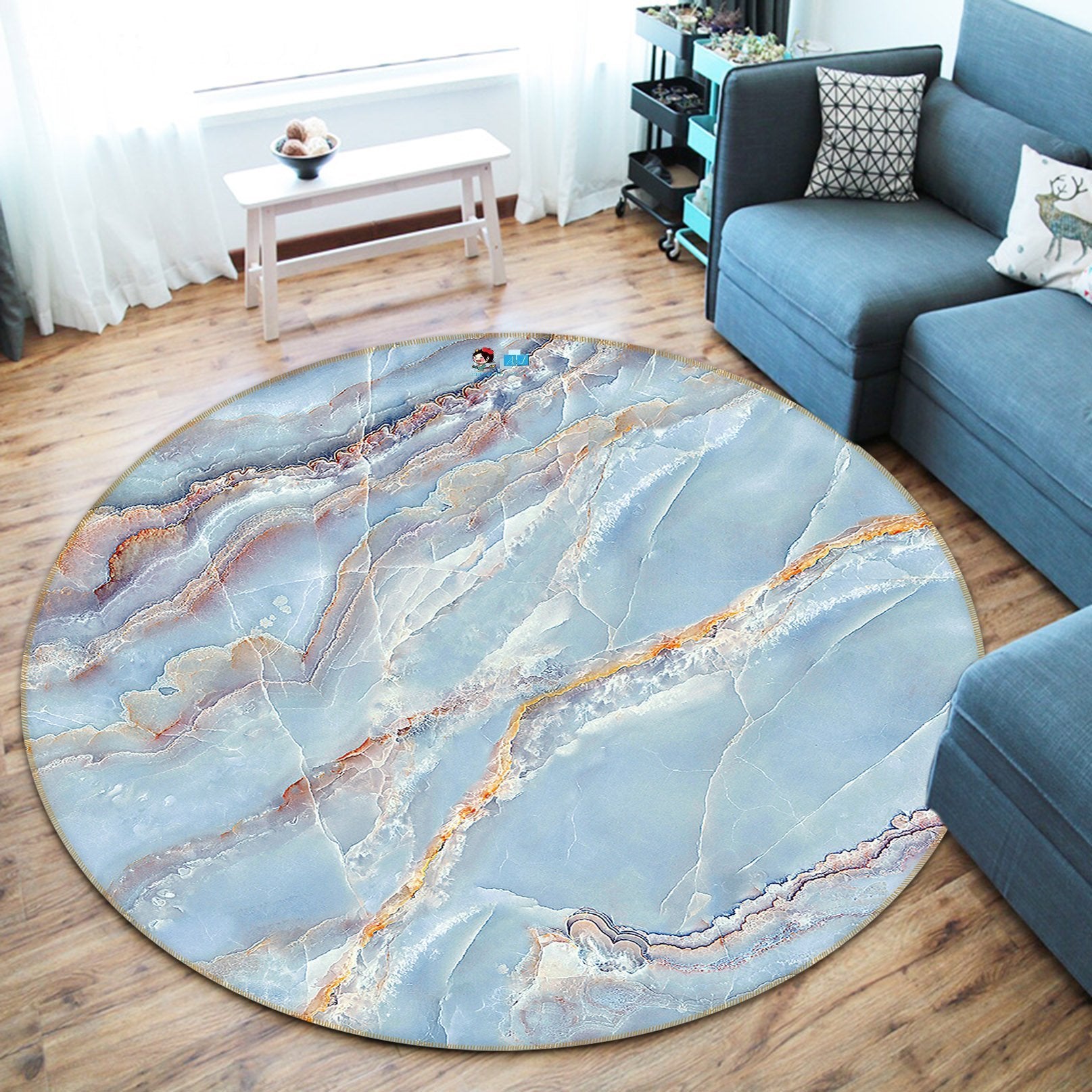 3D Light Blue Powder Line 117 Round Non Slip Rug Mat Mat AJ Creativity Home