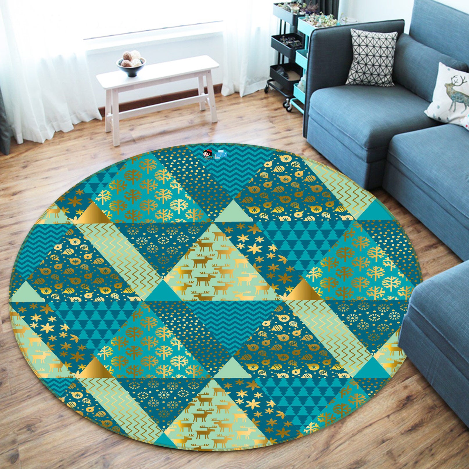 3D Green Triangle 55221 Christmas Round Non Slip Rug Mat Xmas