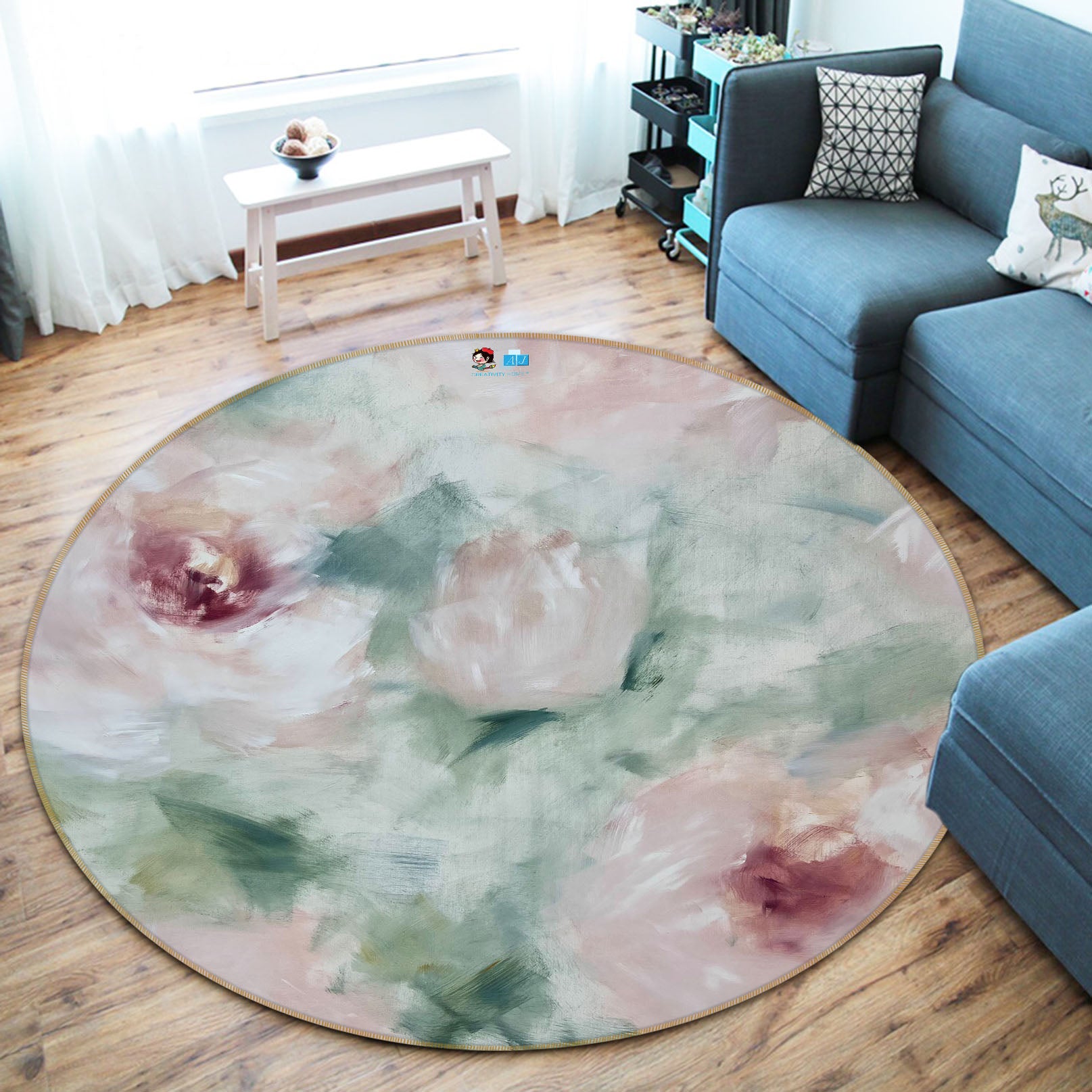 3D Pink Flower 4036 Skromova Marina Rug Round Non Slip Rug Mat