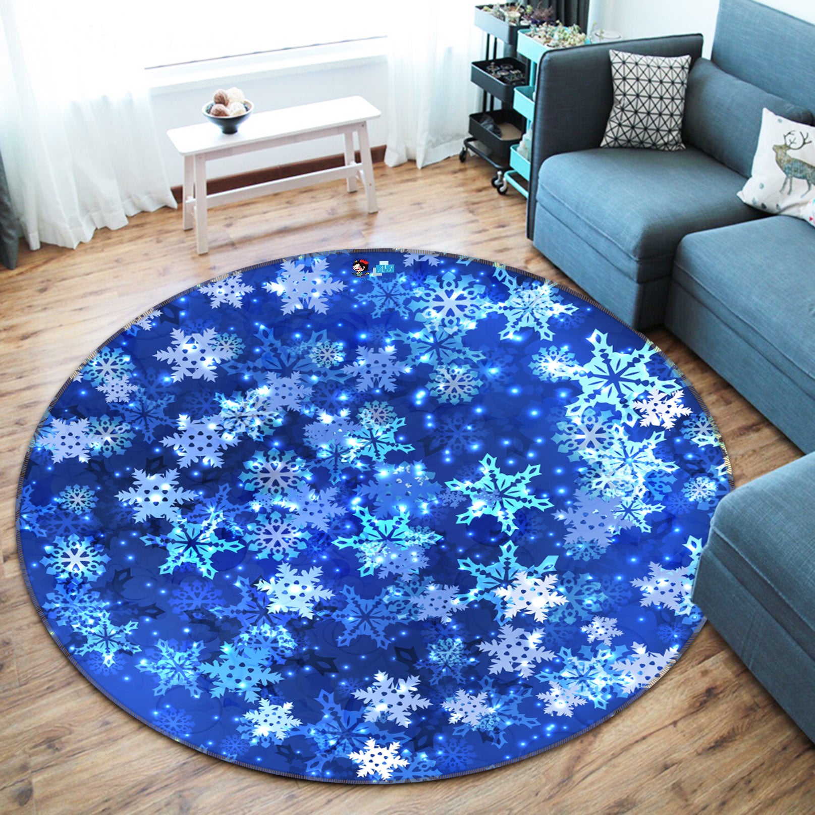 3D Blue Snowflakes 56046 Christmas Round Non Slip Rug Mat Xmas