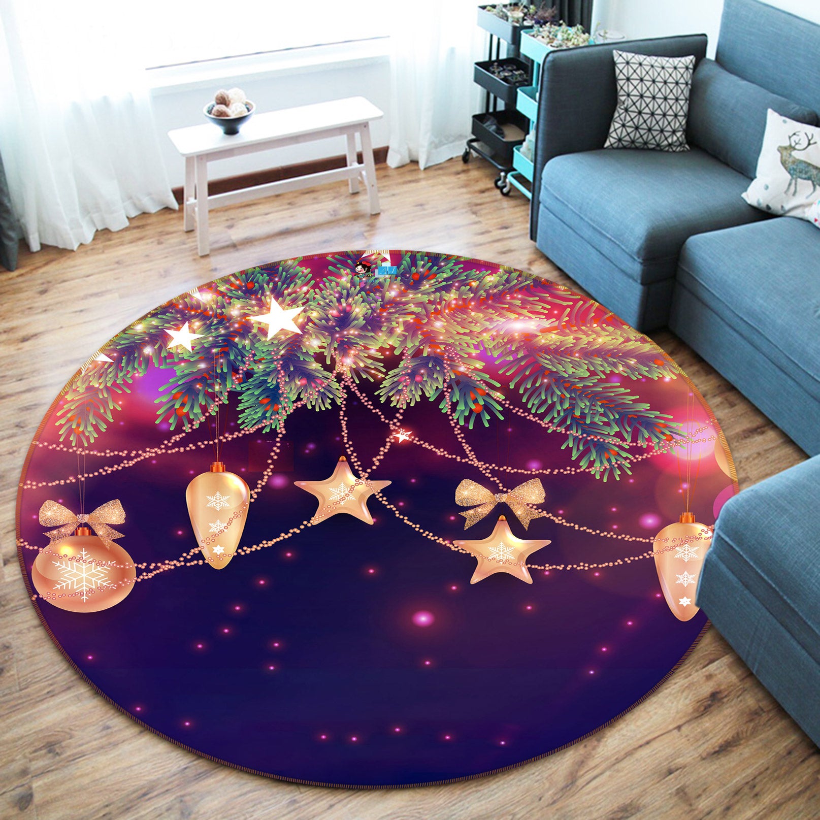 3D String Lights 55200 Christmas Round Non Slip Rug Mat Xmas