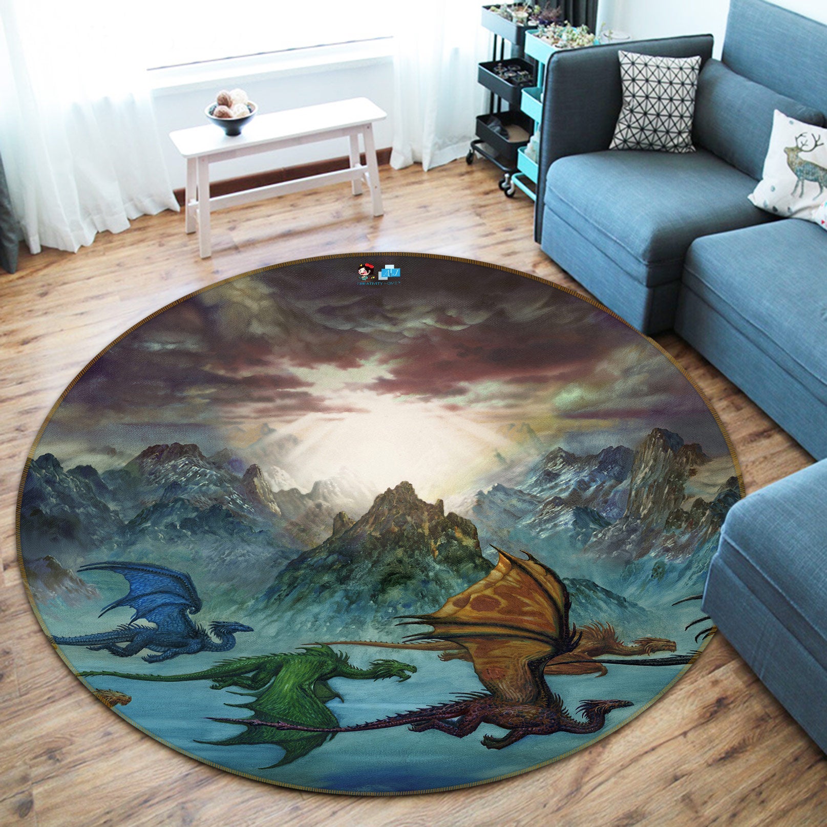 3D Mountain Peak Dragon 6124 Ciruelo Rug Round Non Slip Rug Mat