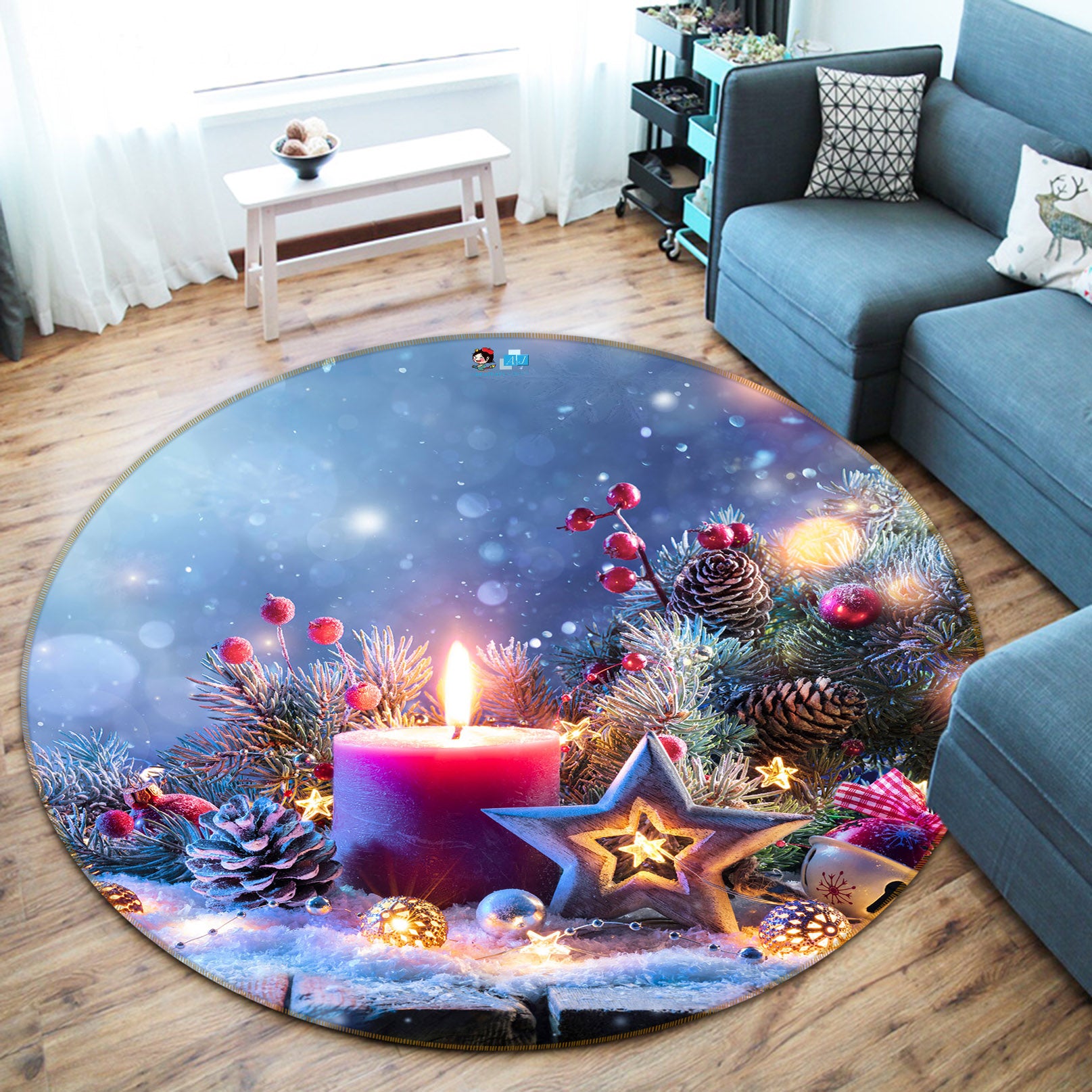 3D Red Candle 56097 Christmas Round Non Slip Rug Mat Xmas
