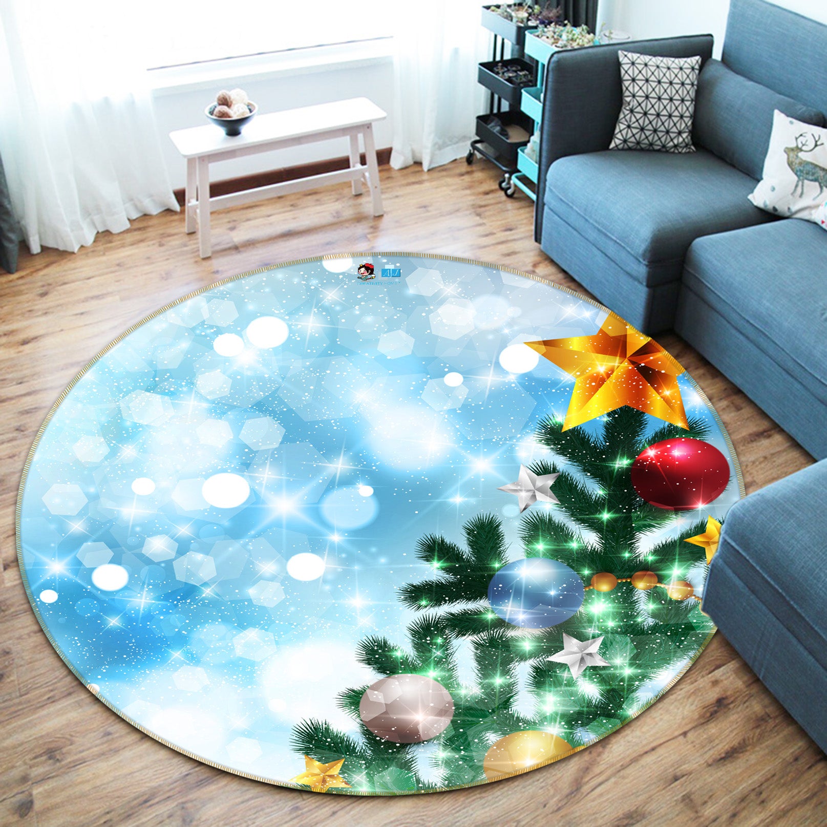 3D Tree Snow 56038 Christmas Round Non Slip Rug Mat Xmas