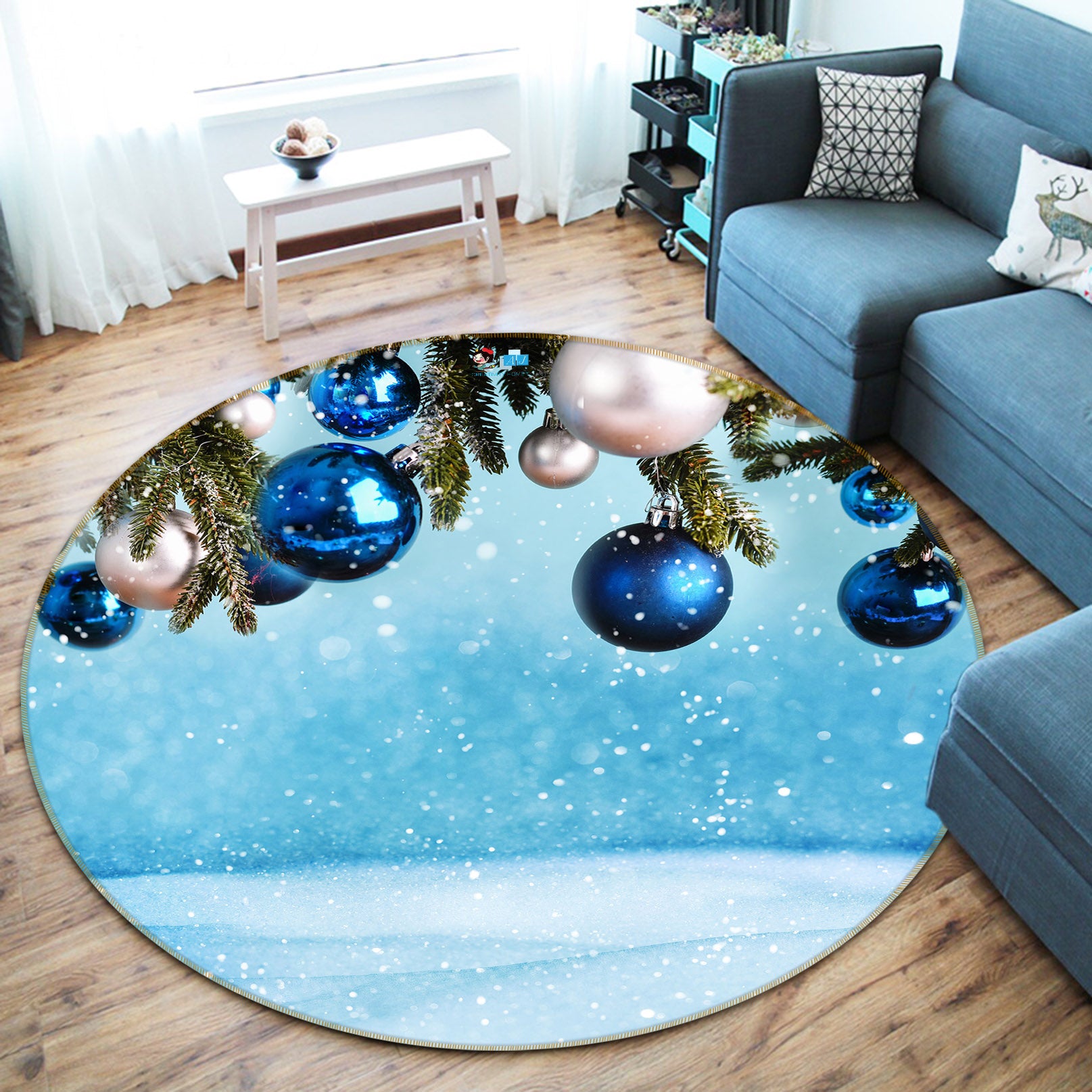 3D Blue Ball 56069 Christmas Round Non Slip Rug Mat Xmas