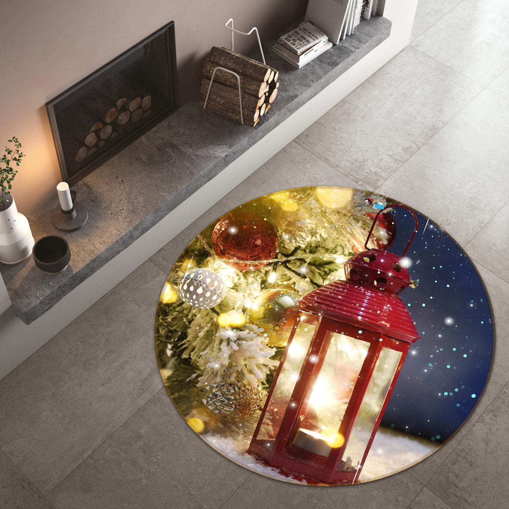 3D Snowflake Light 56053 Christmas Round Non Slip Rug Mat Xmas