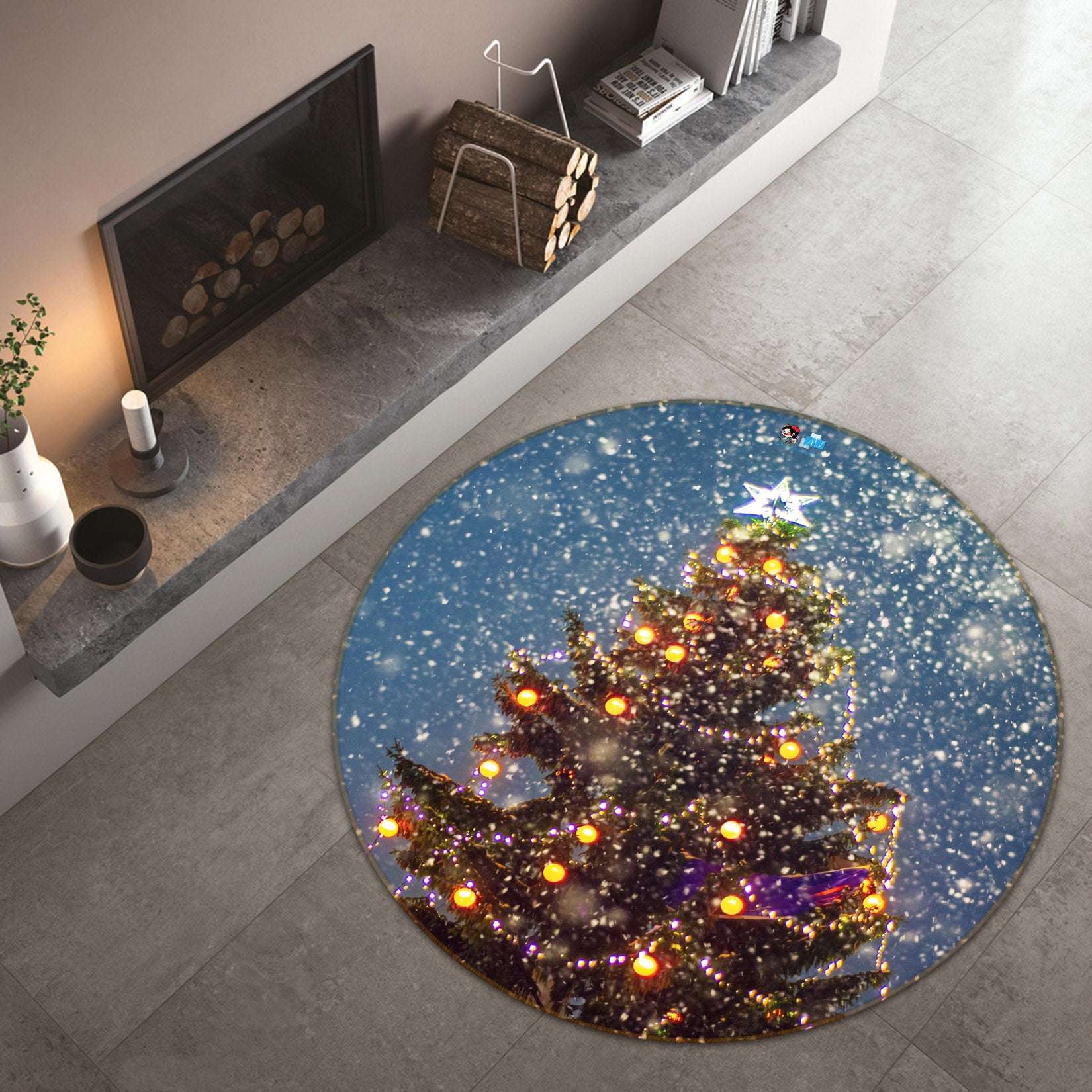 3D Snowing Tree 56071 Christmas Round Non Slip Rug Mat Xmas