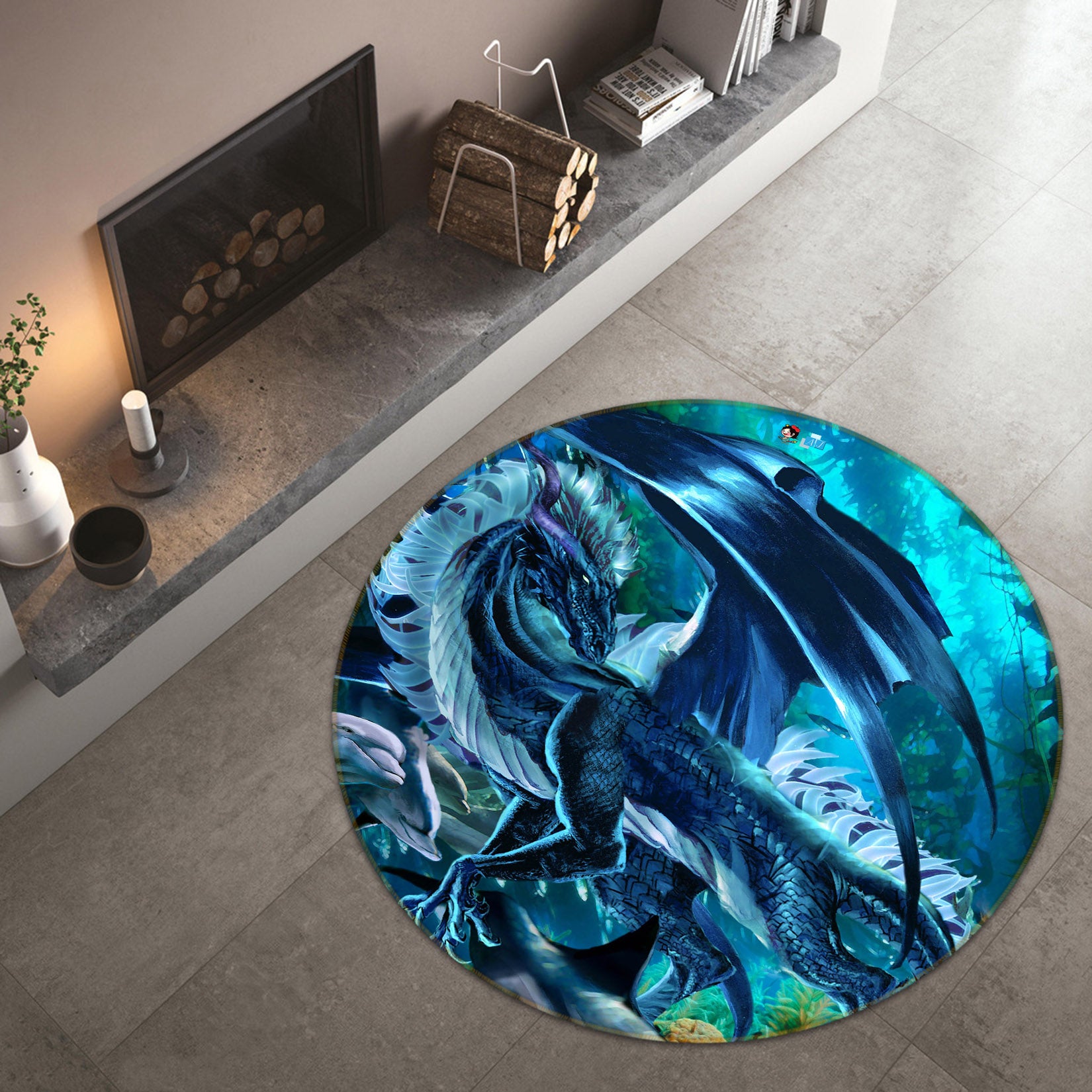3D Blue Dragon 8358 Ruth Thompson Rug Round Non Slip Rug Mat