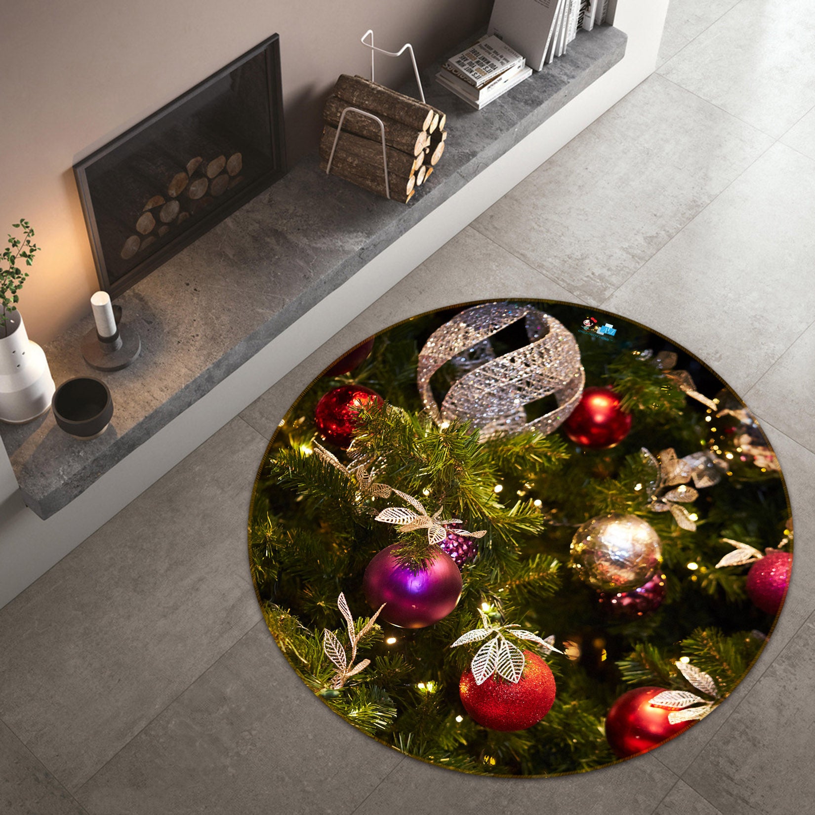 3D Red Ball Pendant 56065 Christmas Round Non Slip Rug Mat Xmas