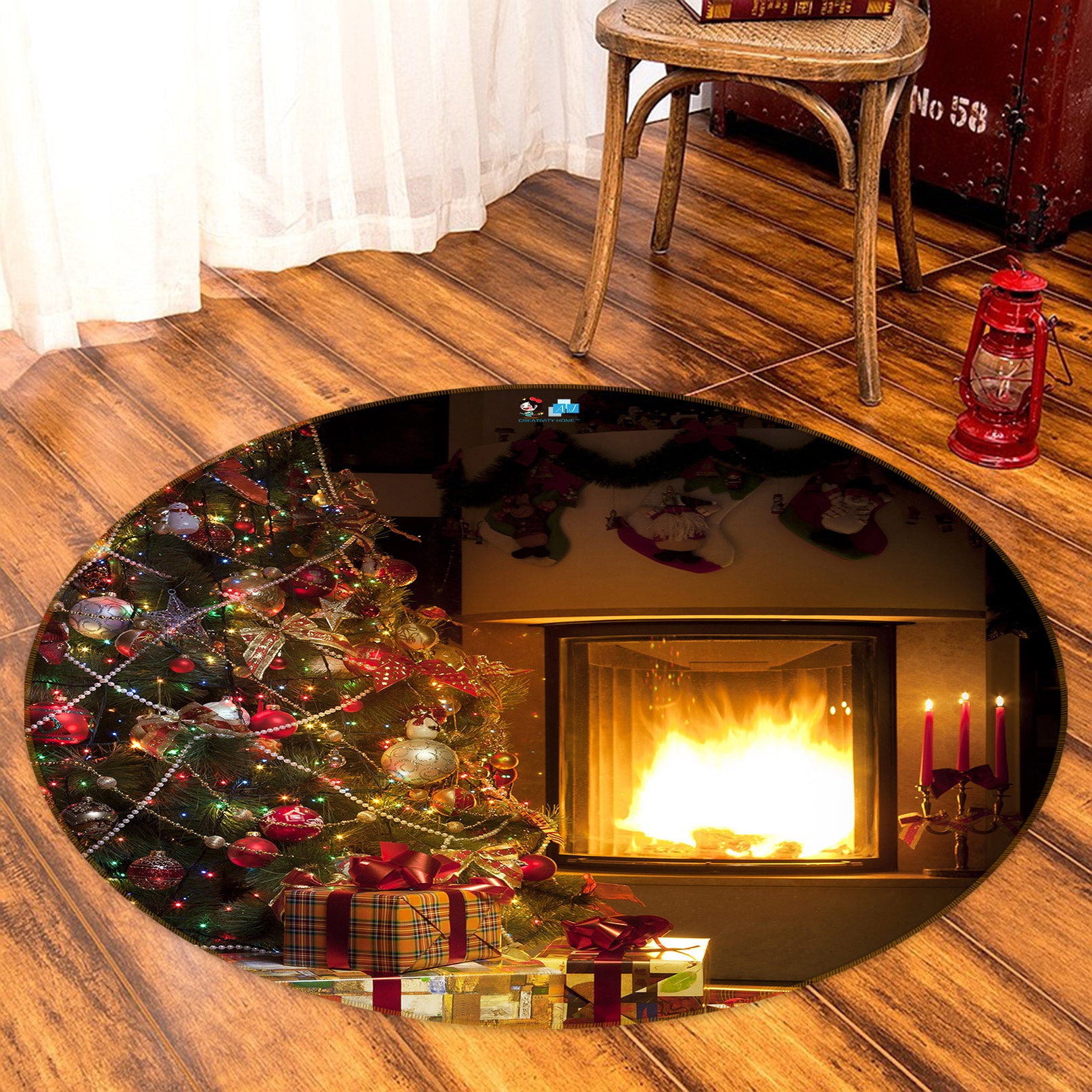 3D Tree Fireplace 55162 Christmas Round Non Slip Rug Mat Xmas