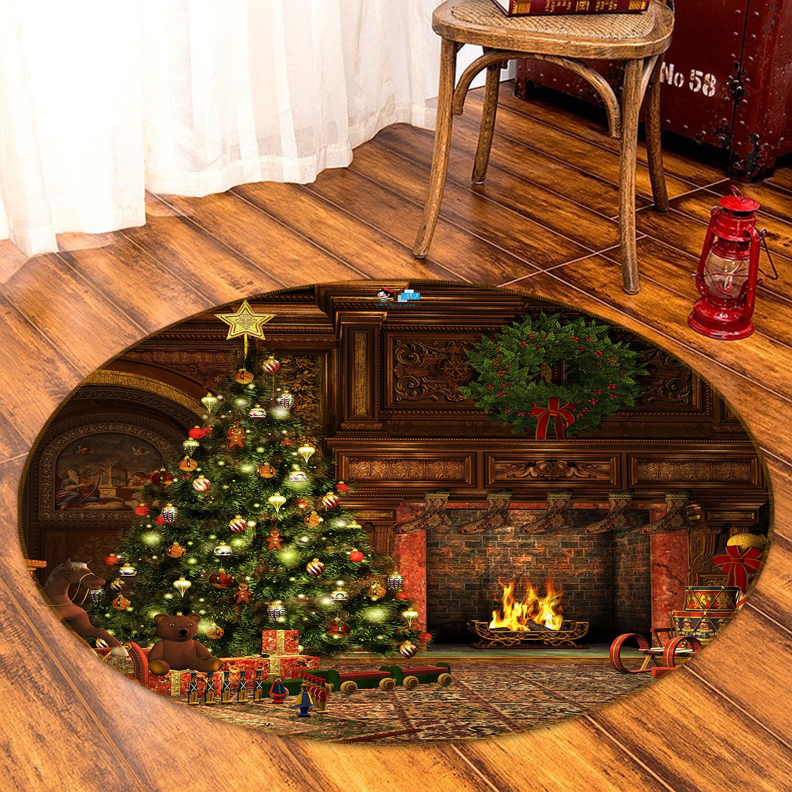 3D Tree Fireplace 55171 Christmas Round Non Slip Rug Mat Xmas