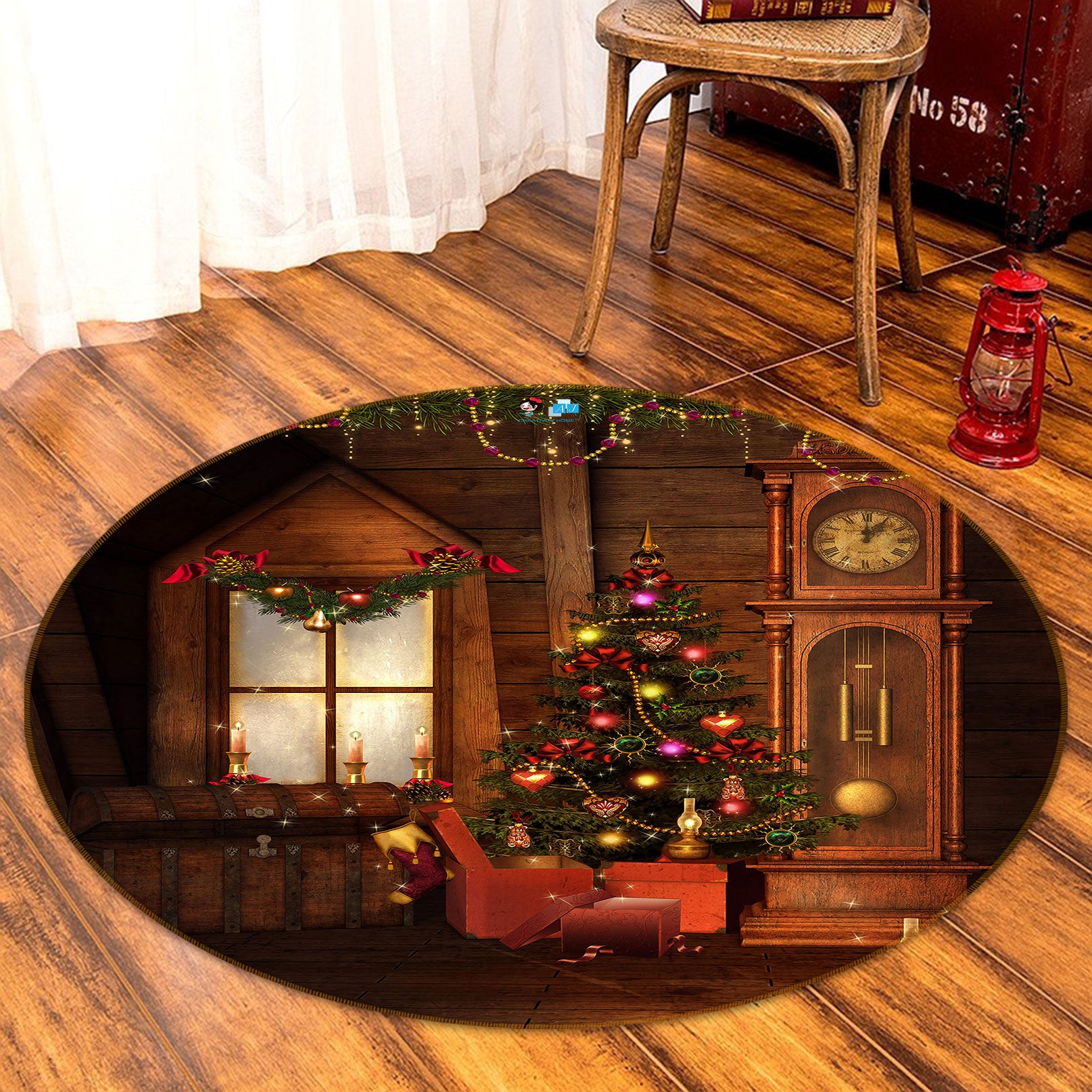 3D Tree Window Clock 55160 Christmas Round Non Slip Rug Mat Xmas