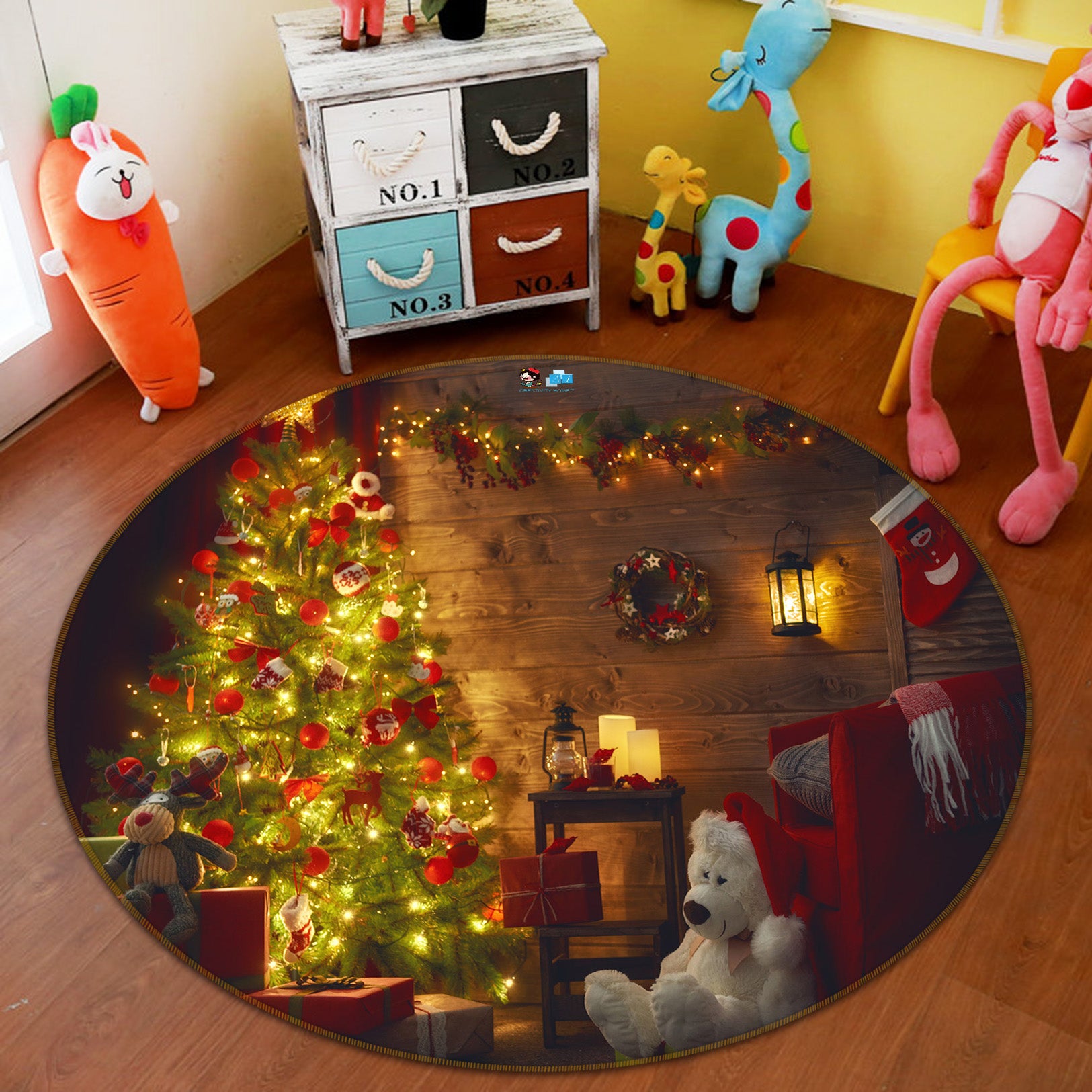3D Tree Bear Doll 56041 Christmas Round Non Slip Rug Mat Xmas